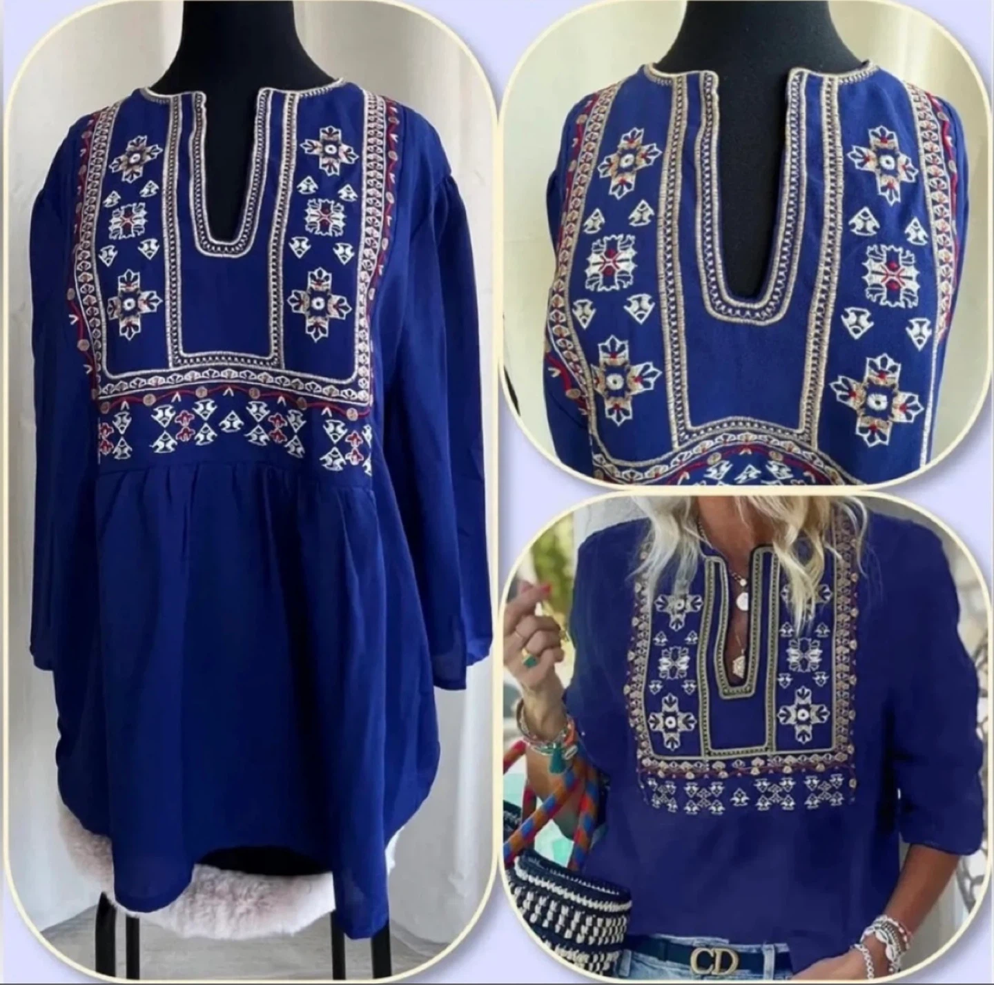 Blue Boho Embroidered V Neck 3/4 Sleeve Tunic Blouse Top size XL - photo 2