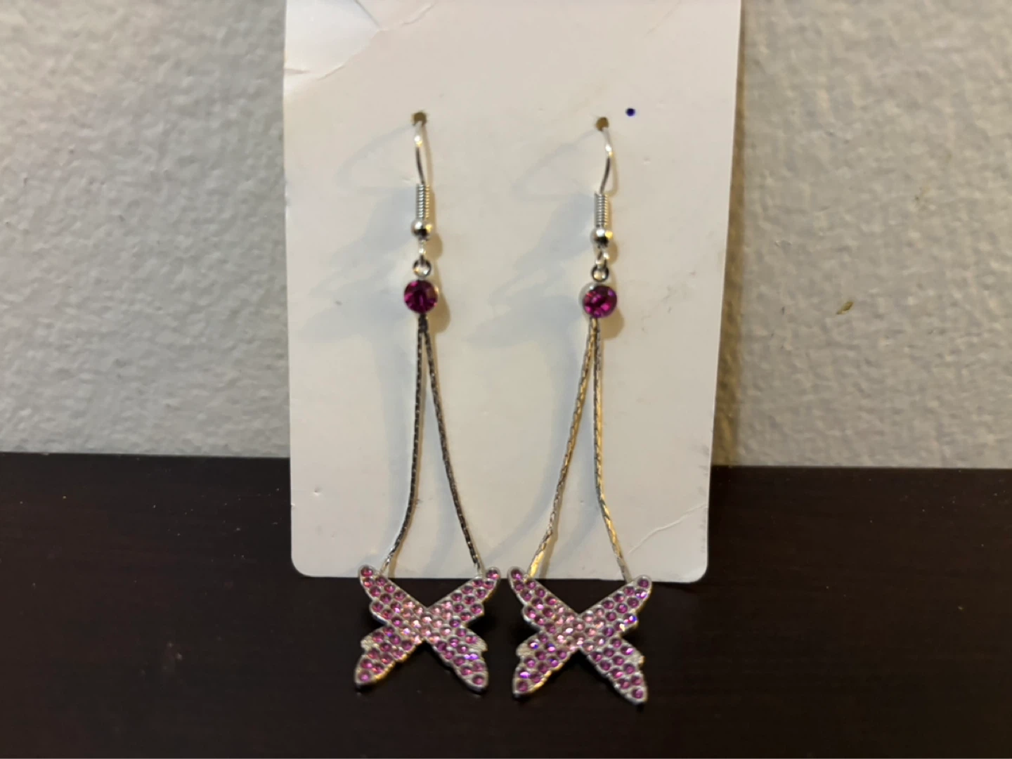 NEW-Dangle Butterfly Earrings with Pink Rhinestones