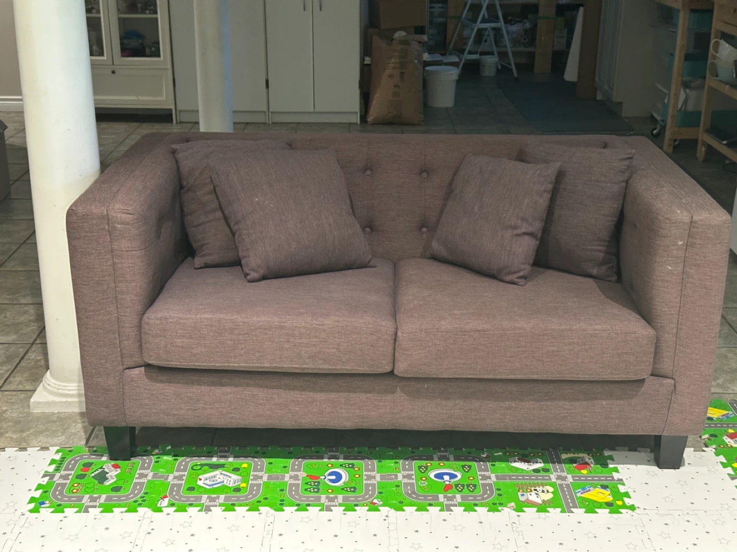 Grey Tufted Sofa with Cushions