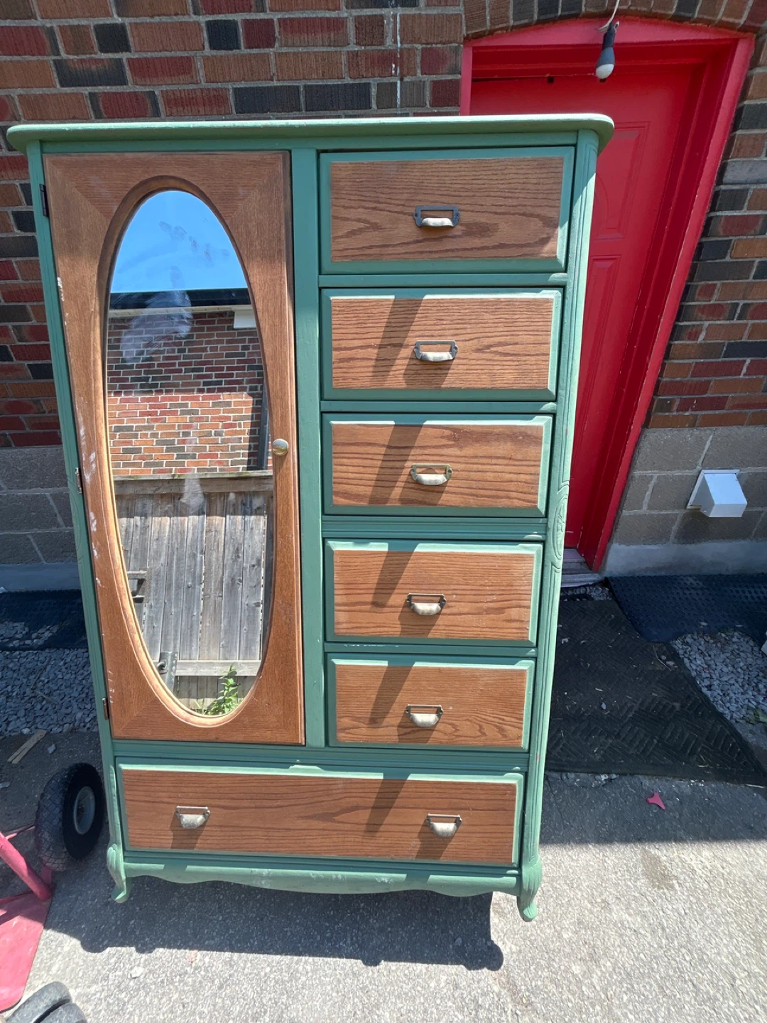Green Wardrobe Armoire with Mirror and Drawers