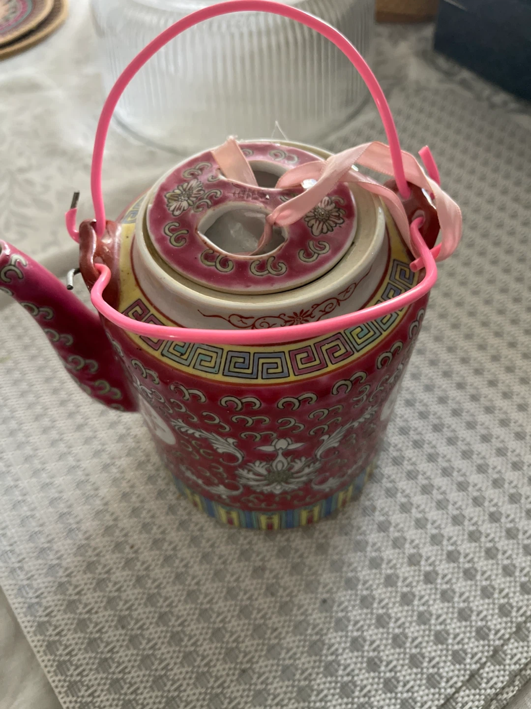 Decorative Ceramic Teapot with Pink Handle