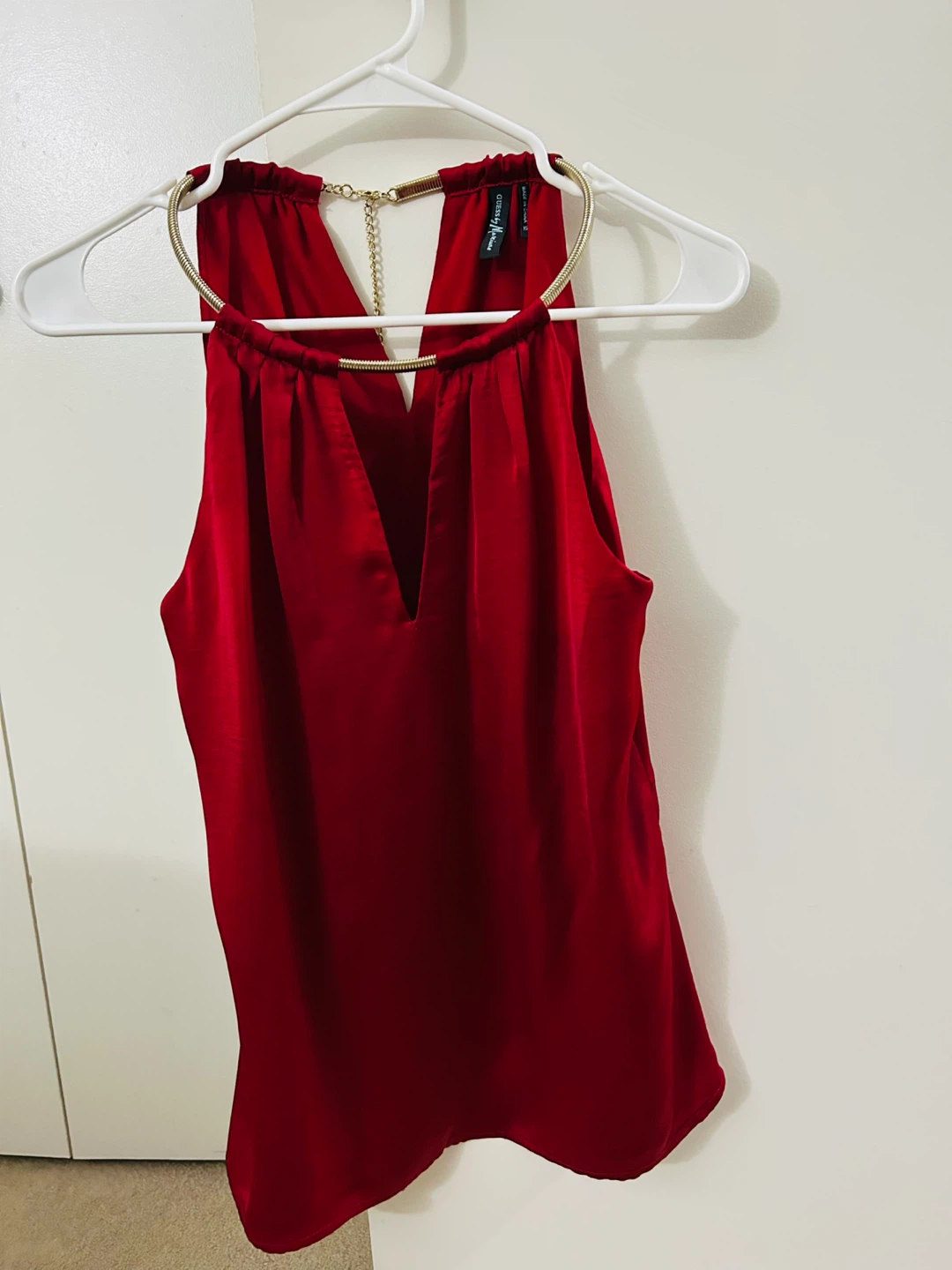 Red Sleeveless Halter Top with Gold Neck Detail