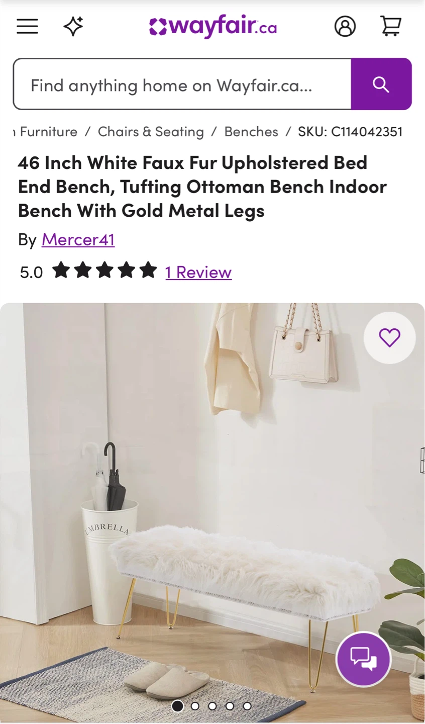 46 Inch White Faux Fur Upholstered Bench