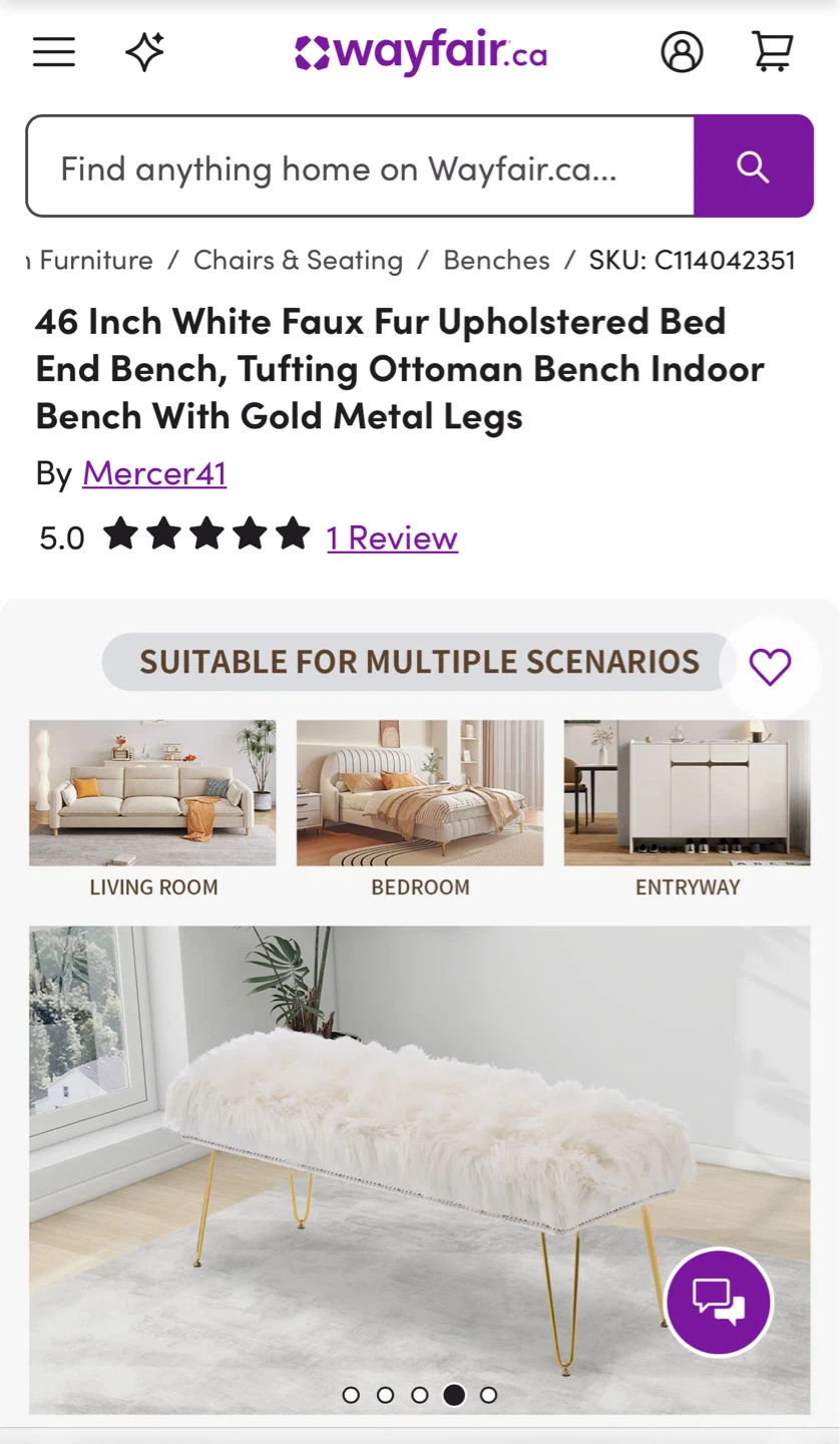 46 Inch White Faux Fur Upholstered Bench - photo 5