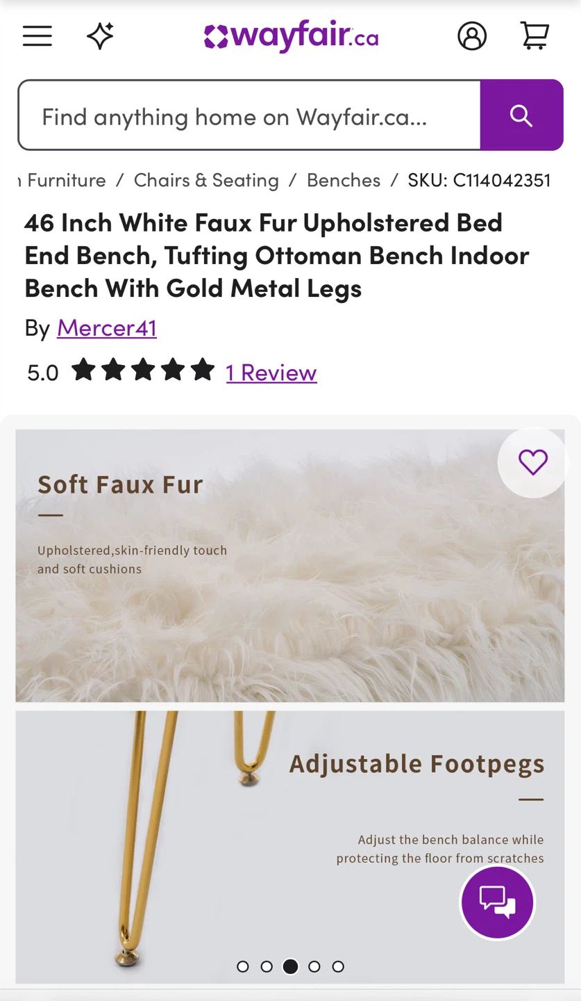 46 Inch White Faux Fur Upholstered Bench - photo 4