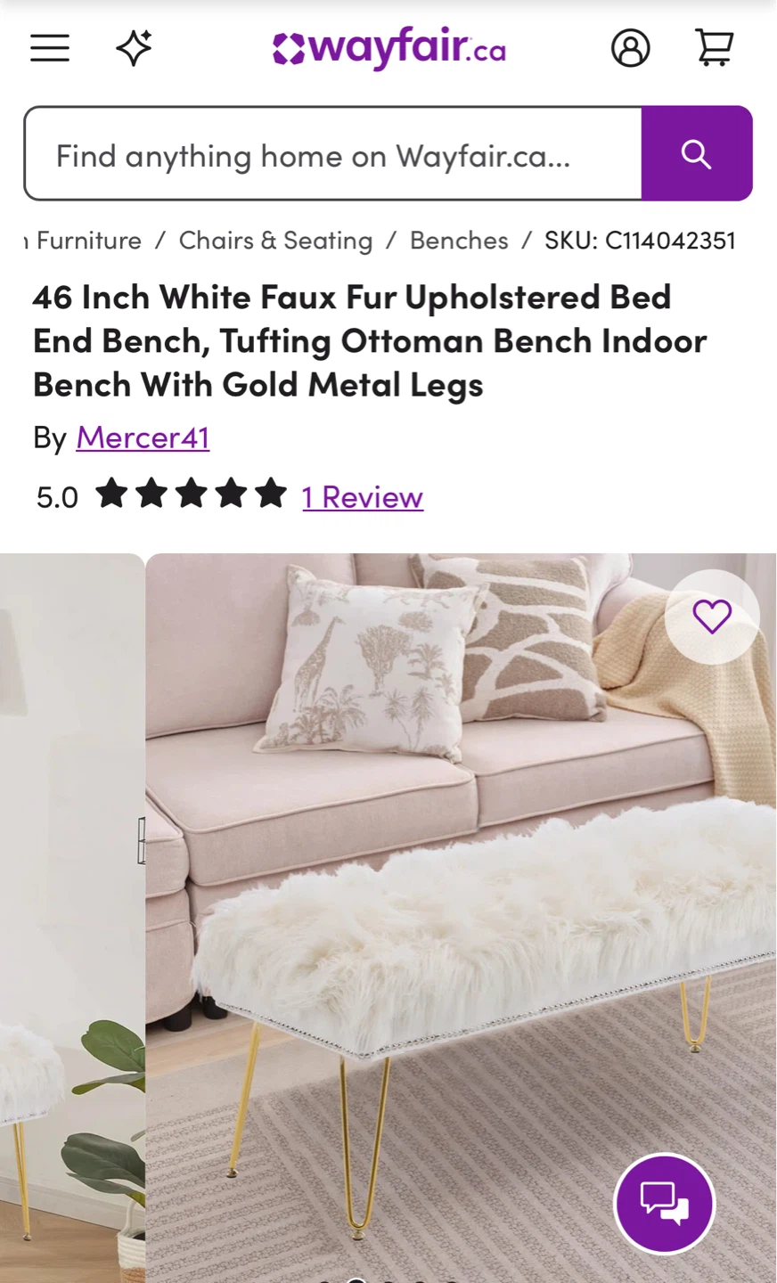 46 Inch White Faux Fur Upholstered Bench - photo 2