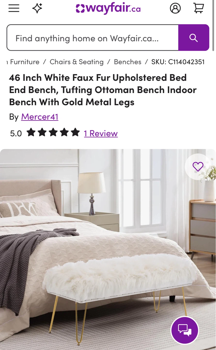 46 Inch White Faux Fur Upholstered Bench - photo 3