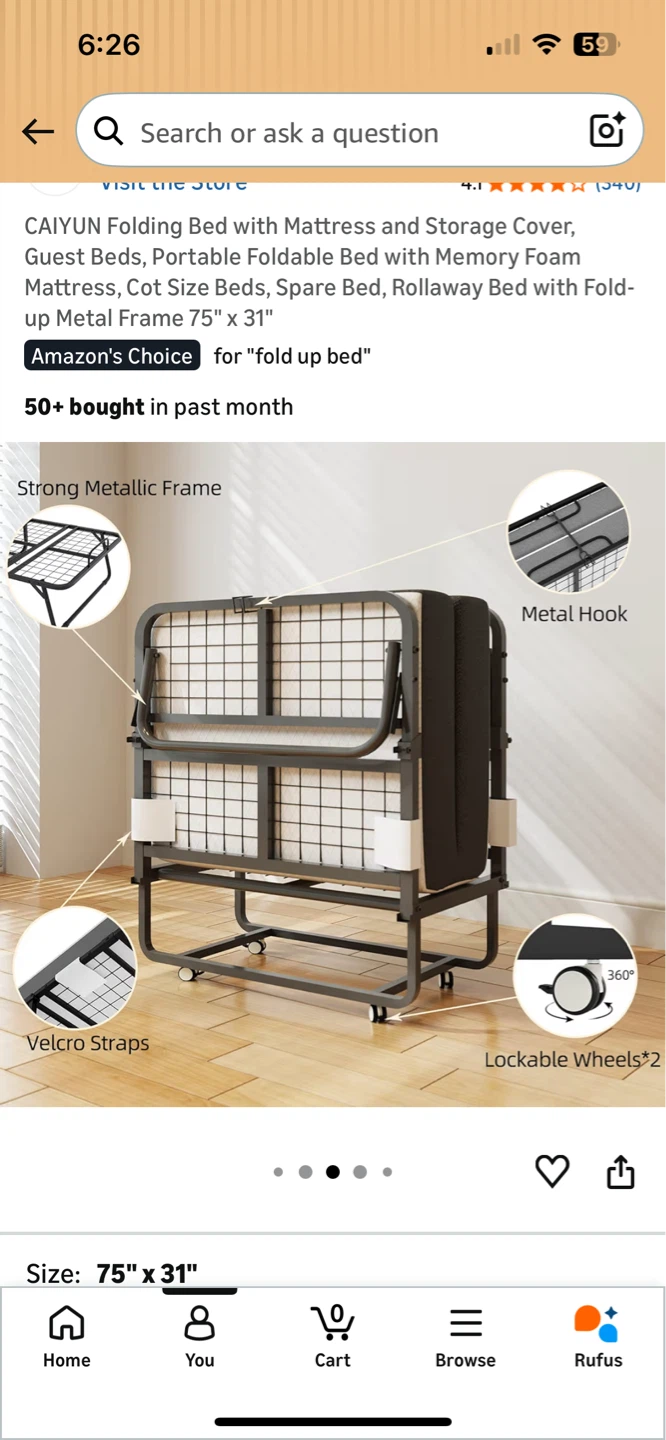CAIYUN Folding Bed with Mattress 75" x 31"