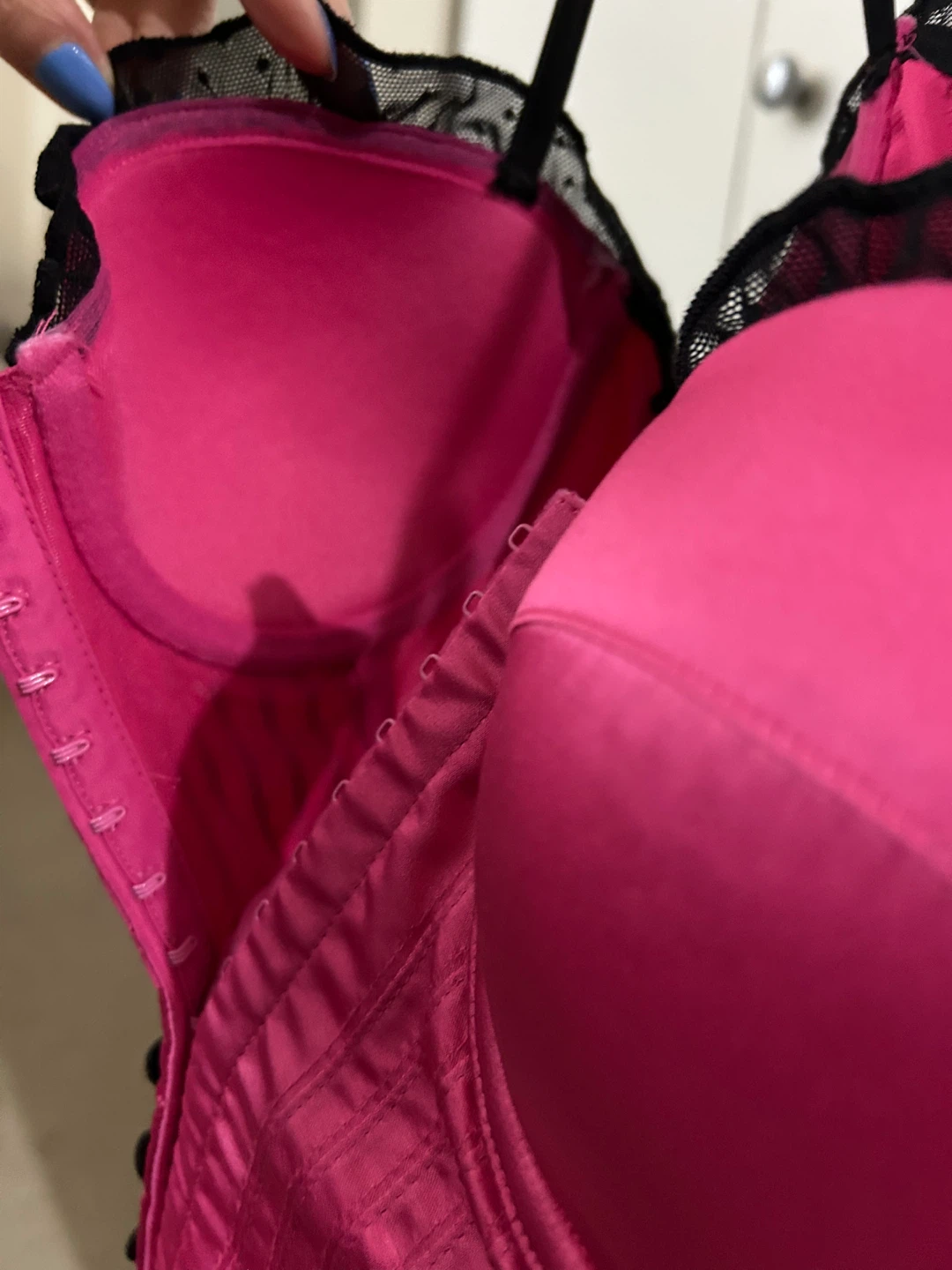 Pink Satin Corset Top with Black Lace Trim - photo 3