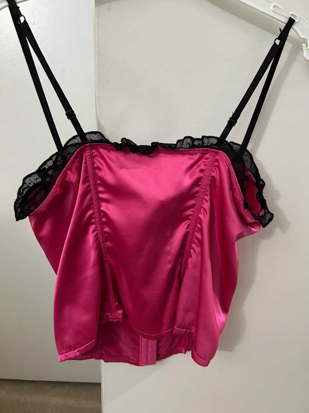 Pink Satin Corset Top with Black Lace Trim - photo 2