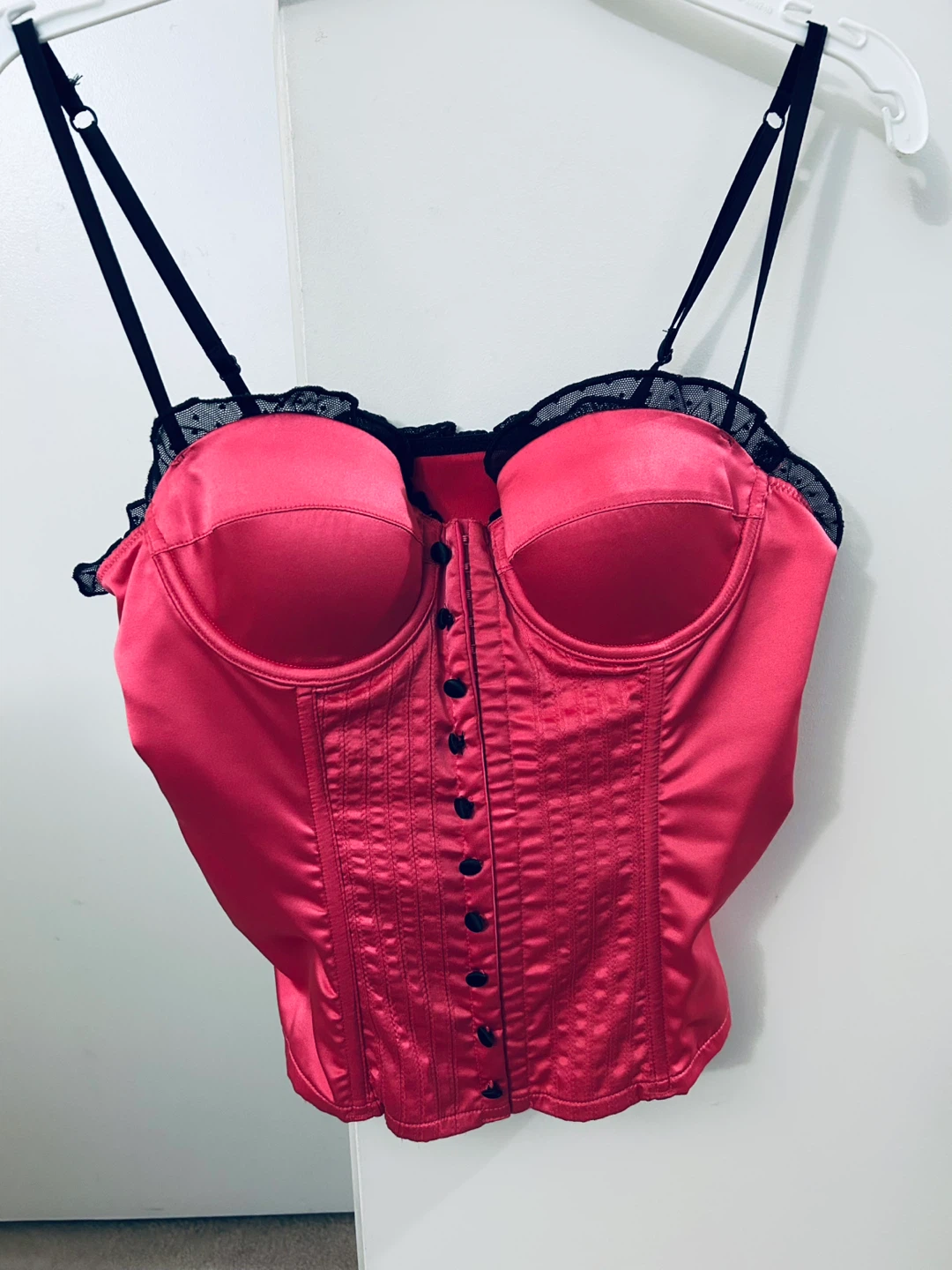 Pink Satin Corset Top with Black Lace Trim
