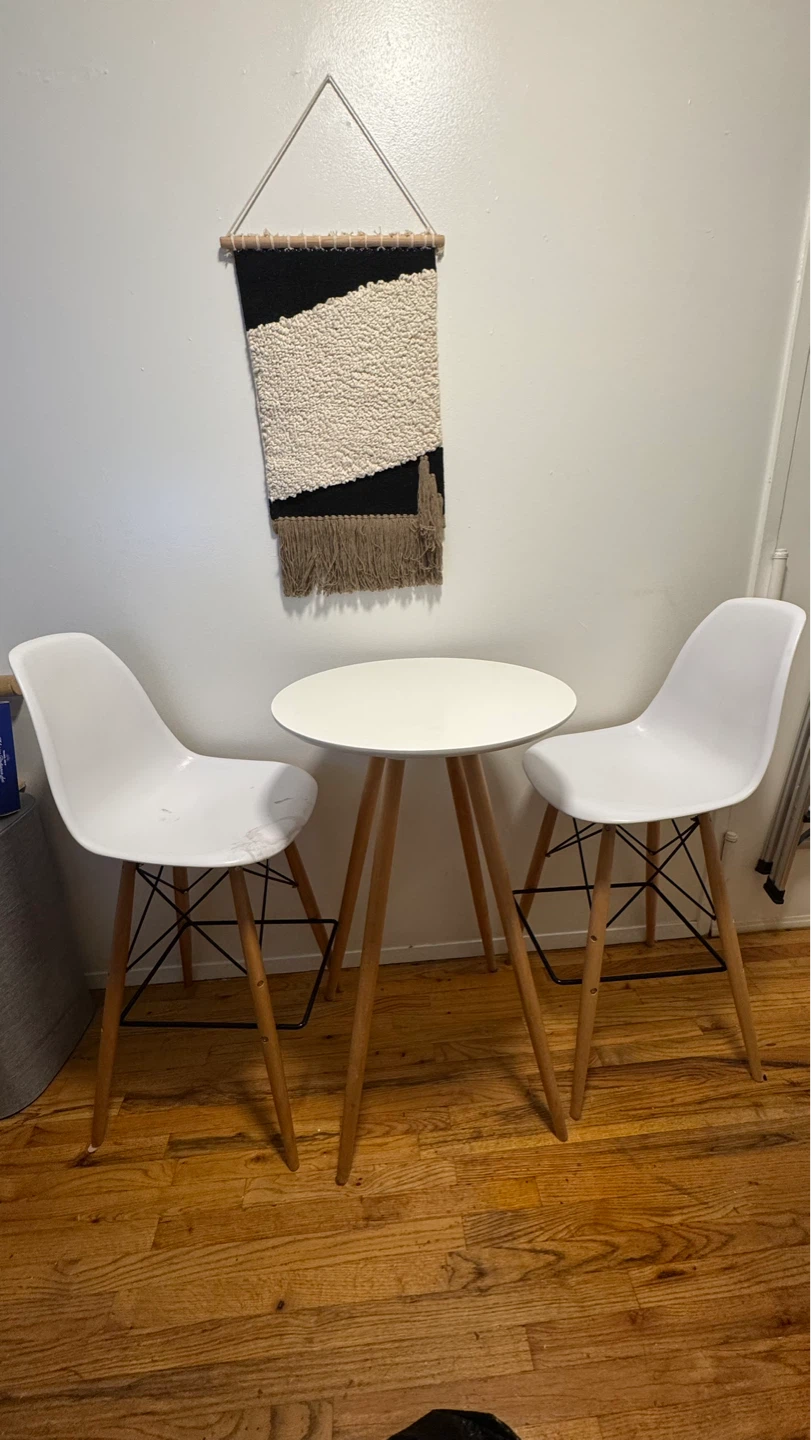 Modern White Bistro Table Set with 2 Mid-Century Bar Stools