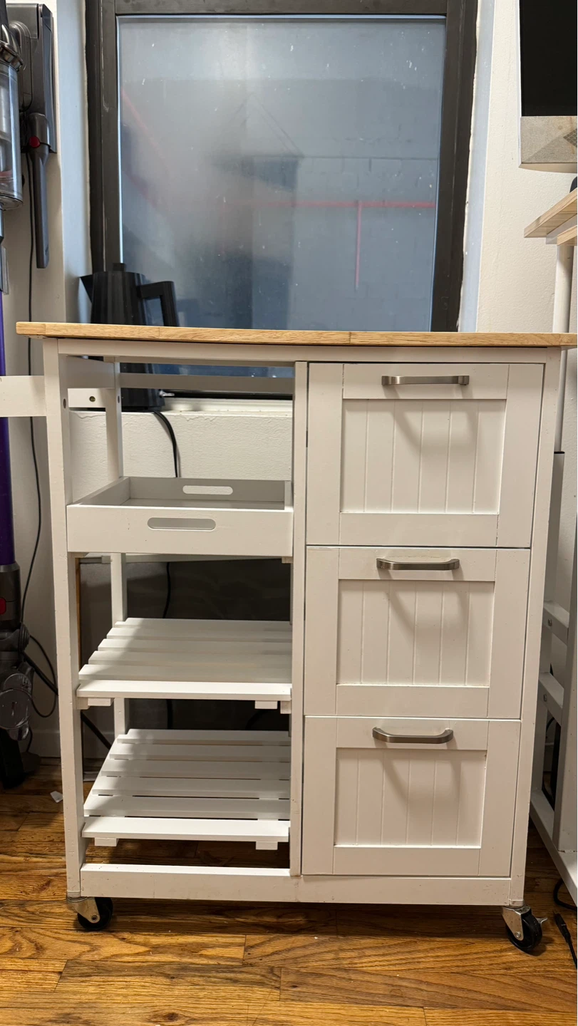 White Kitchen Cart with 3 Drawers and Wood Top - photo 2