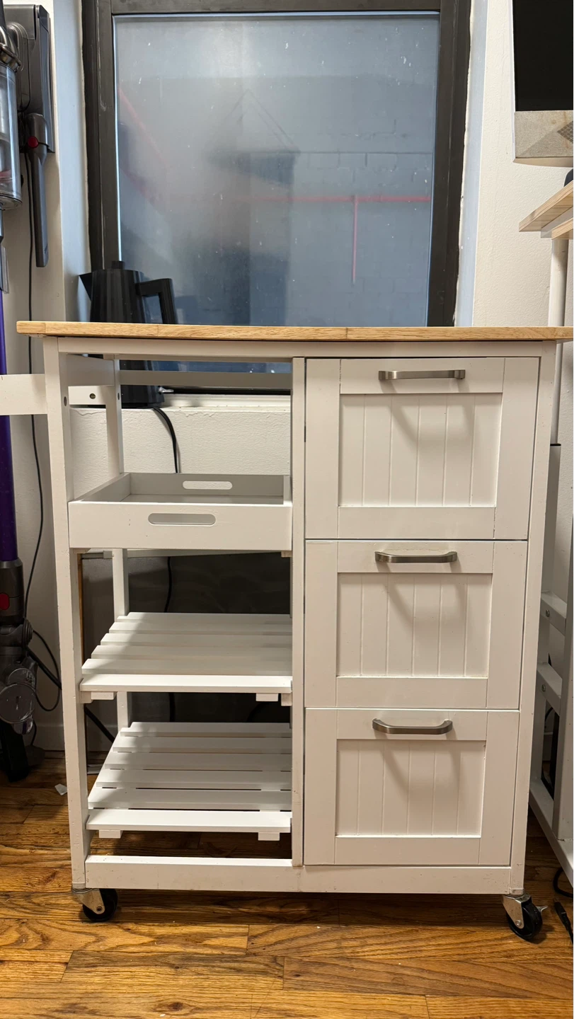 White Kitchen Cart with 3 Drawers and Wood Top
