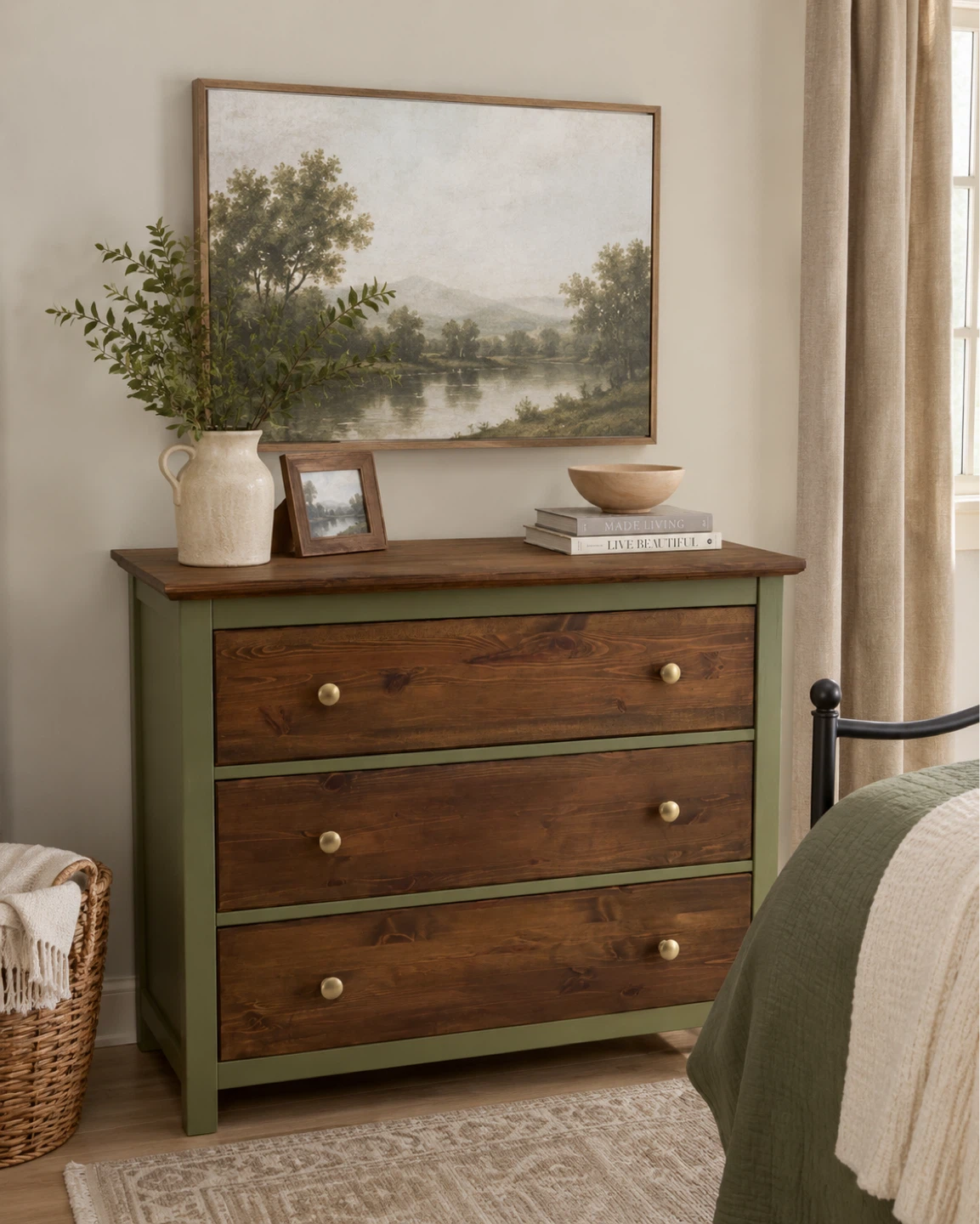 Three-Drawer Wooden Dresser with Green Frame