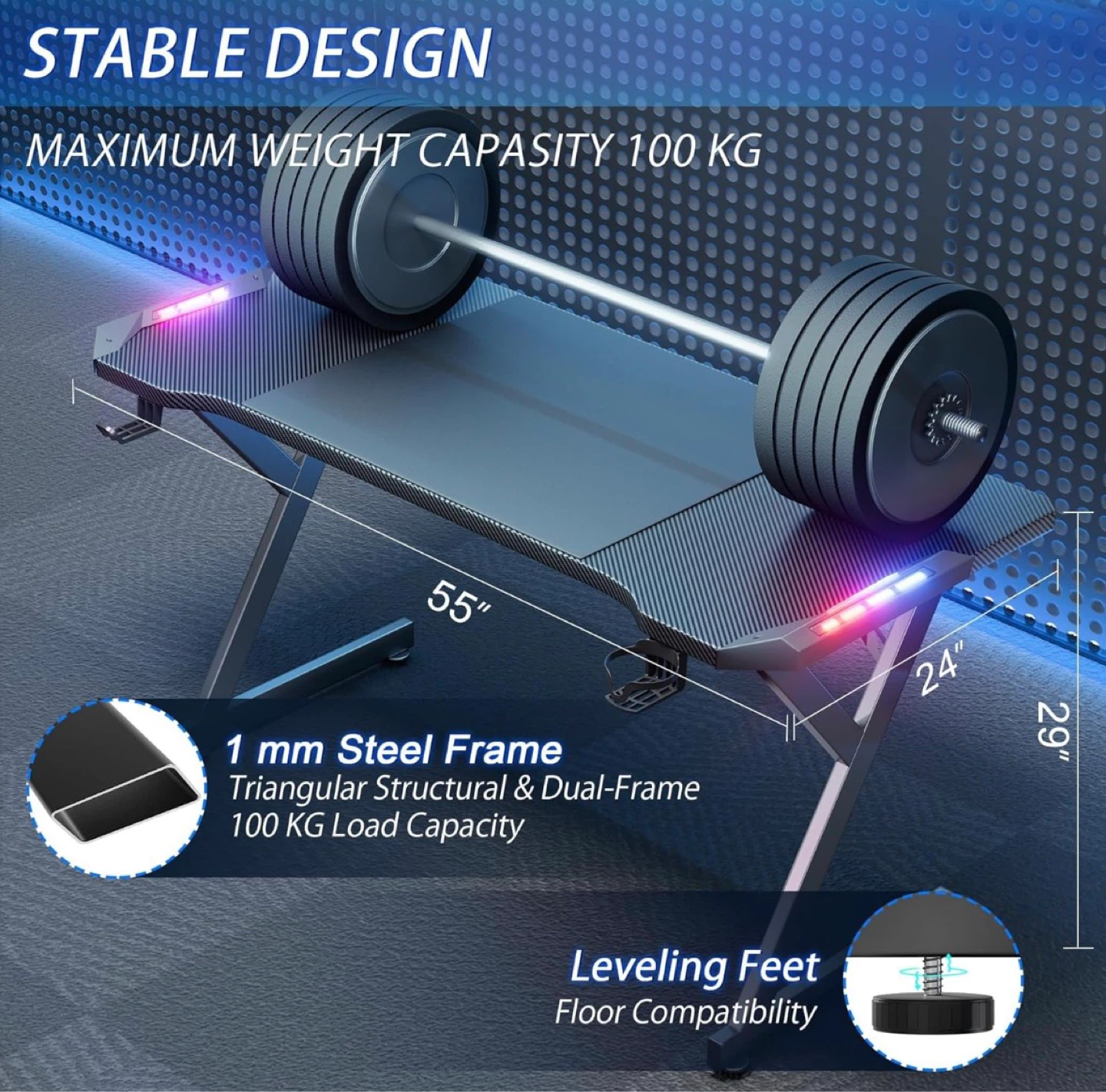 Gaming Desk with RGB Lights and 100kg Capacity - photo 3