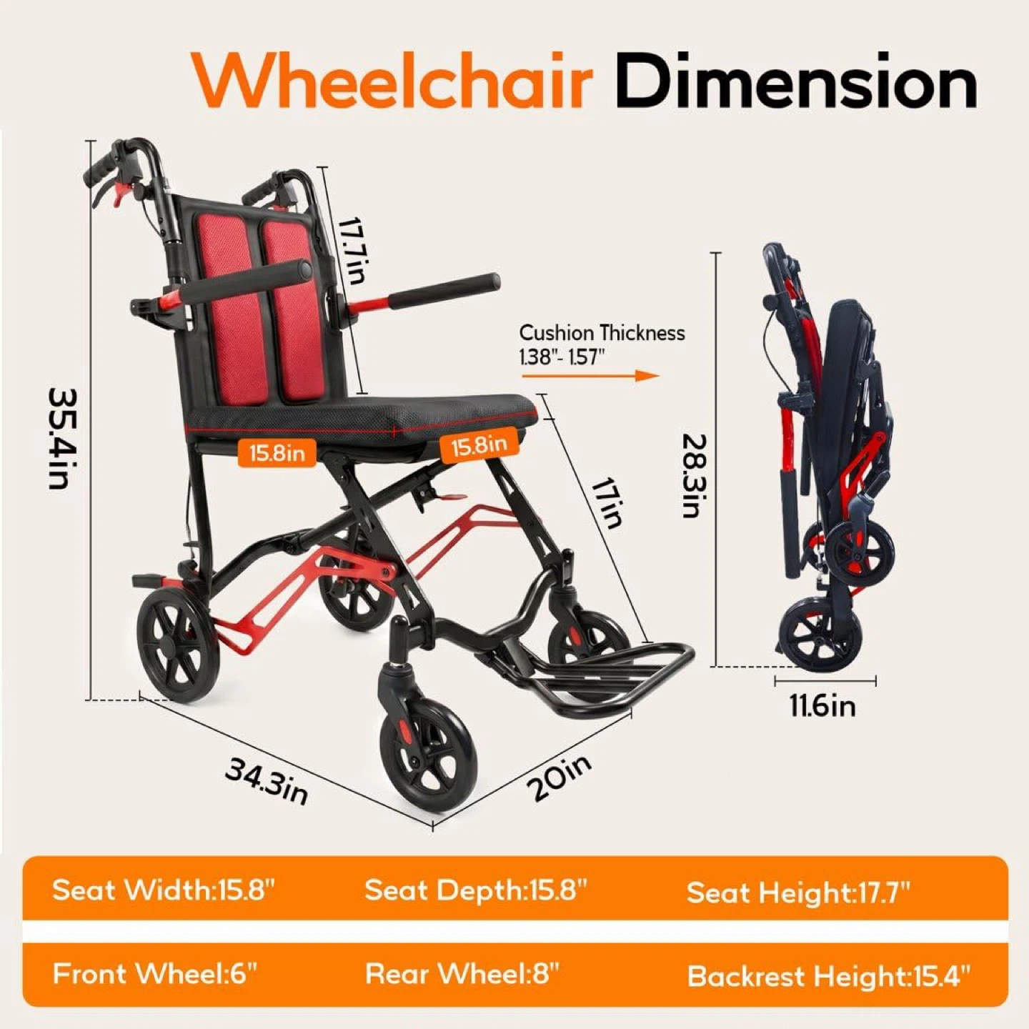 SOFTFISH 18LBS Lightweight Foldable Transport Wheelchair-orange - photo 5