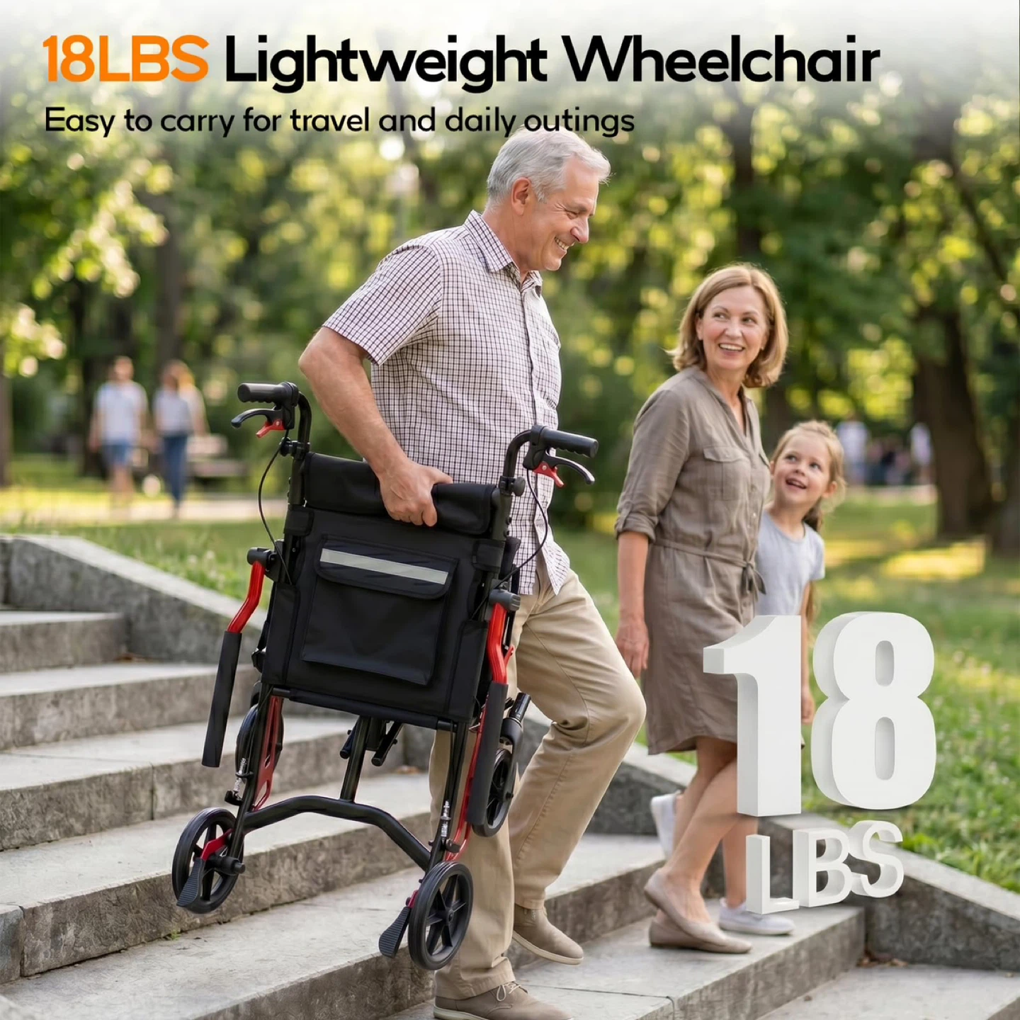 SOFTFISH 18LBS Lightweight Foldable Transport Wheelchair-orange - photo 2