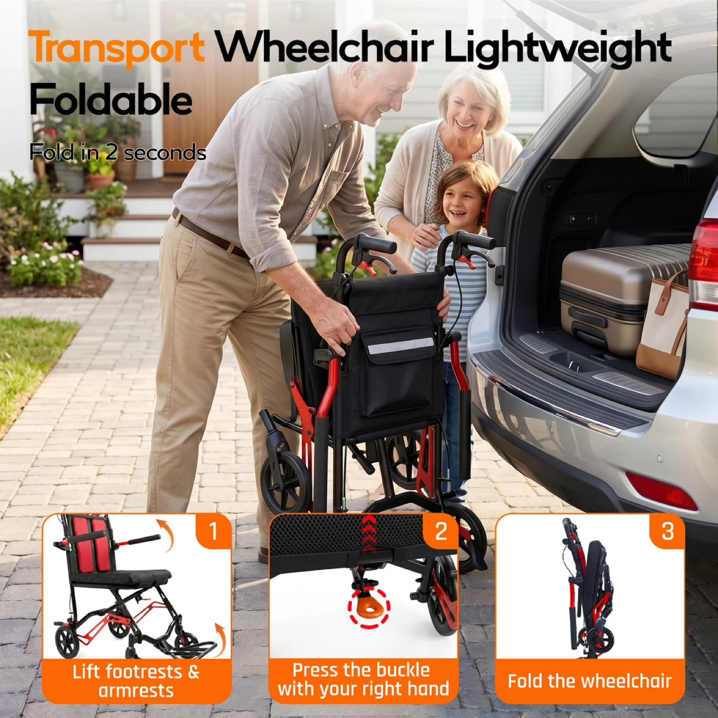 SOFTFISH 18LBS Lightweight Foldable Transport Wheelchair-orange - photo 3