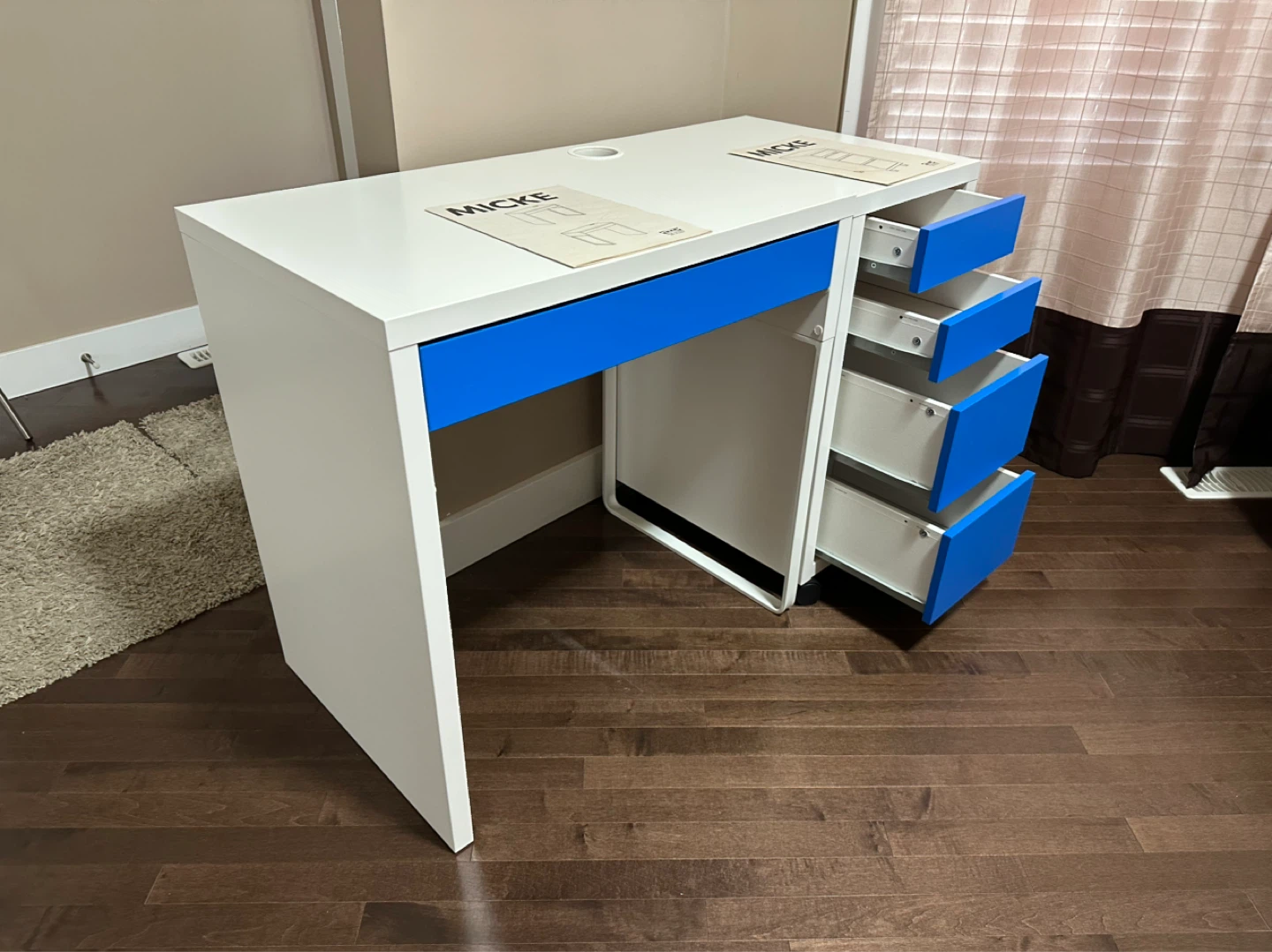 IKEA MICKE Desk with Drawer Unit - White & Blue