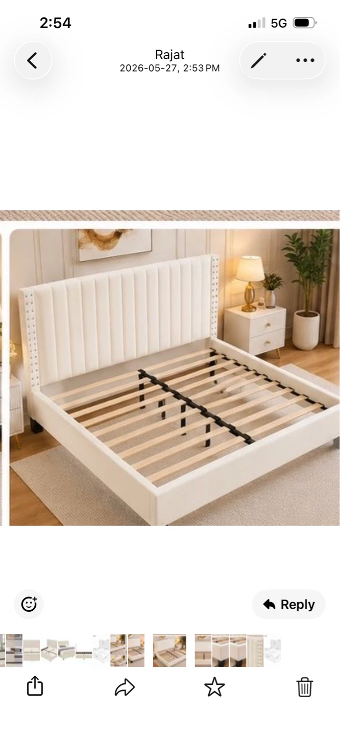 New King Size Upholstered Platform Bed Frame - Cream Velvet - photo 2