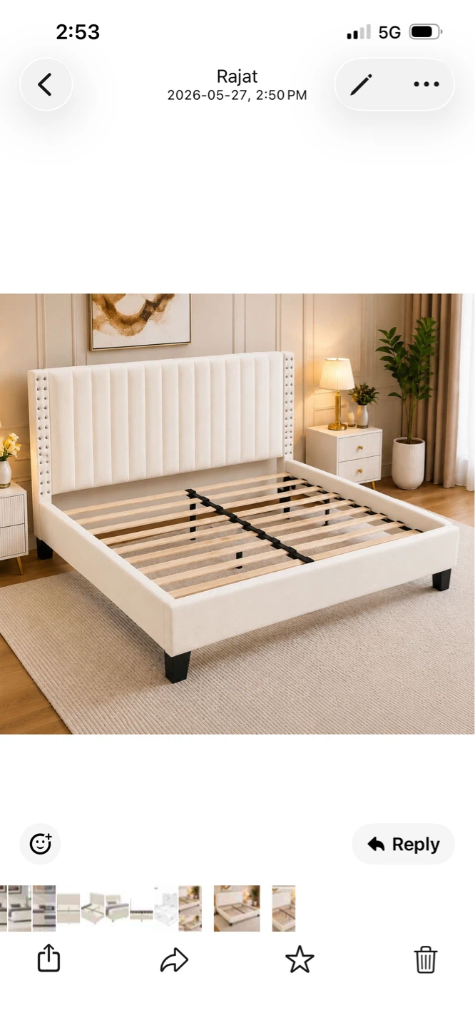 New King Size Upholstered Platform Bed Frame - Cream Velvet