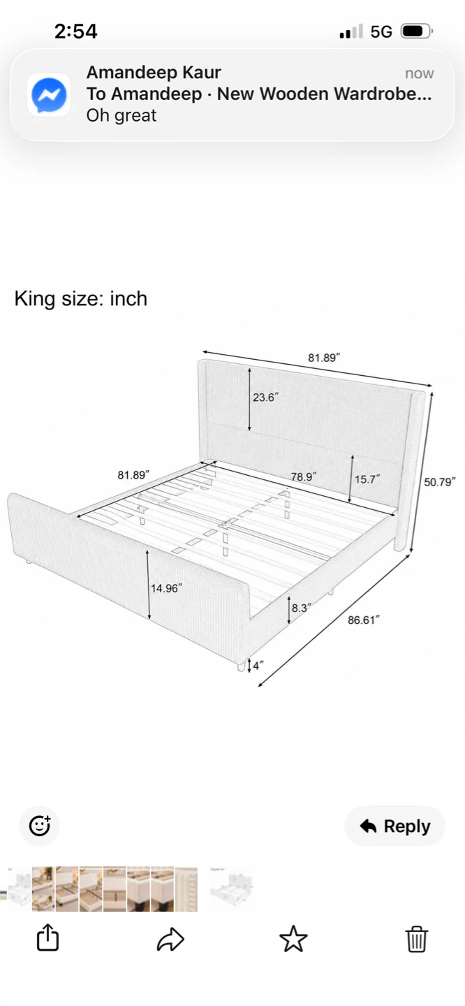New King Size Upholstered Platform Bed Frame - Cream Velvet - photo 3