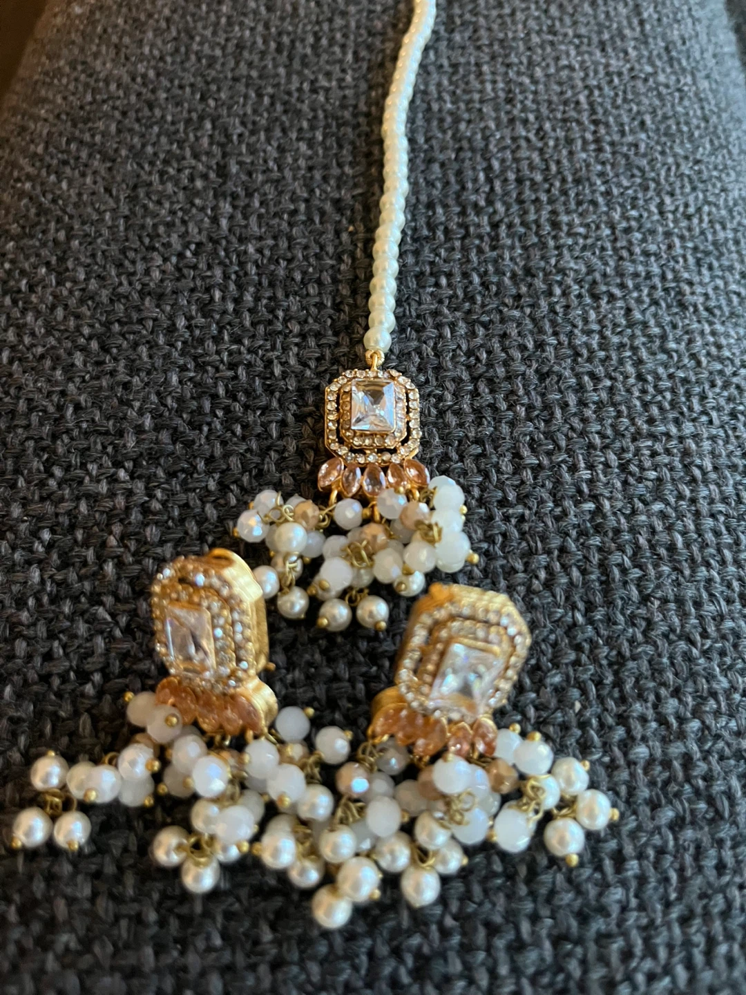 Gold Tone Pearl Tikka and Earrings Set