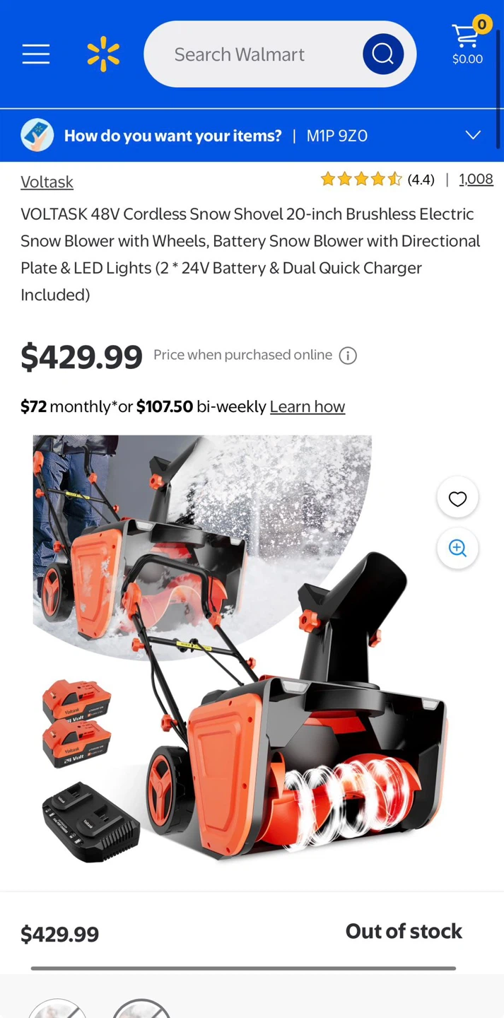 VOLTASK 48V Cordless Snow Shovel Electric Snow Blower 20-inch