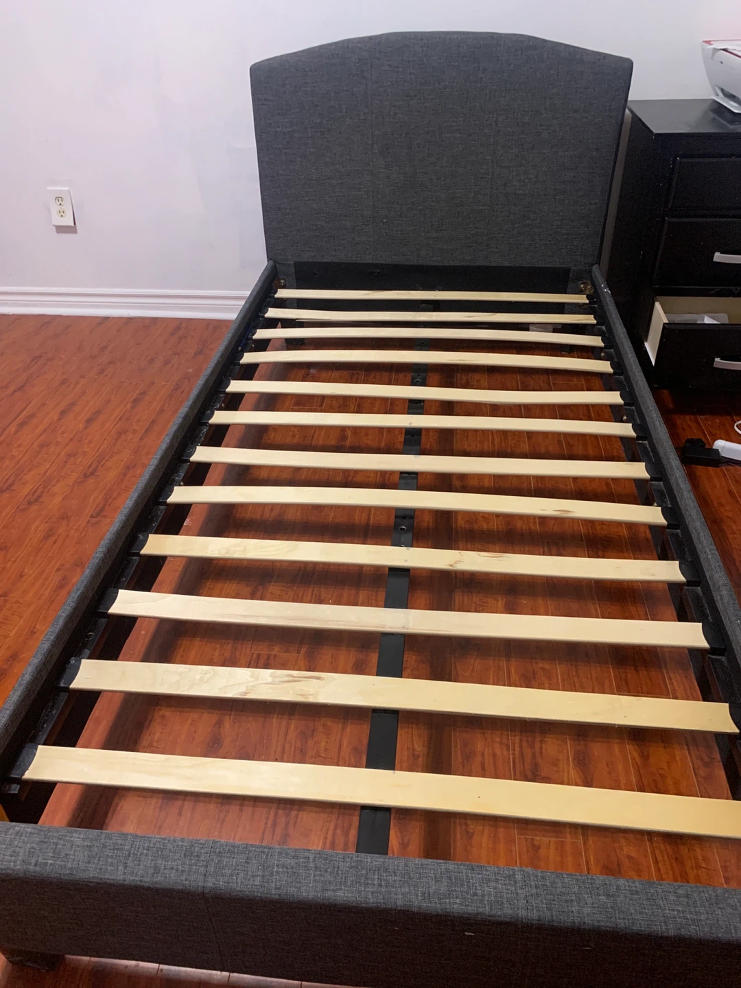 Dark Grey Upholstered Single Bed Frame with Slatted Base