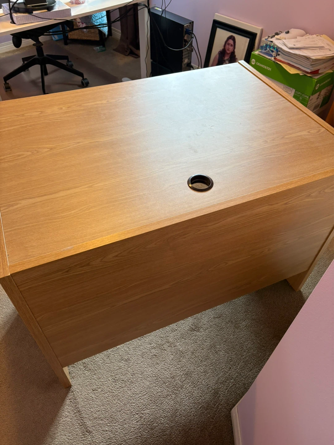 Oak finish desk with cable management hole - photo 4