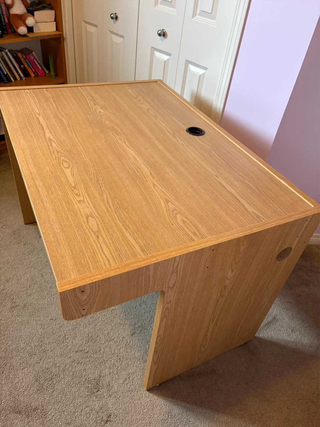 Oak finish desk with cable management hole - photo 3