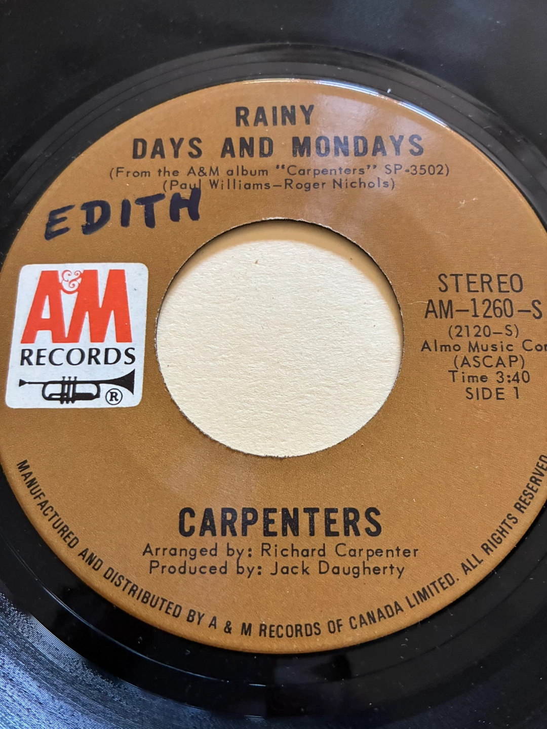 Carpenters Rainy Days Mondays  Saturday Vinyl 7"45 RPM record - photo 4