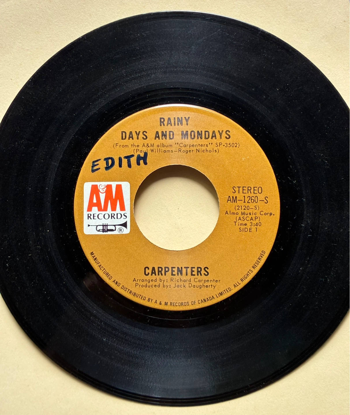 Carpenters Rainy Days Mondays  Saturday Vinyl 7"45 RPM record - photo 2