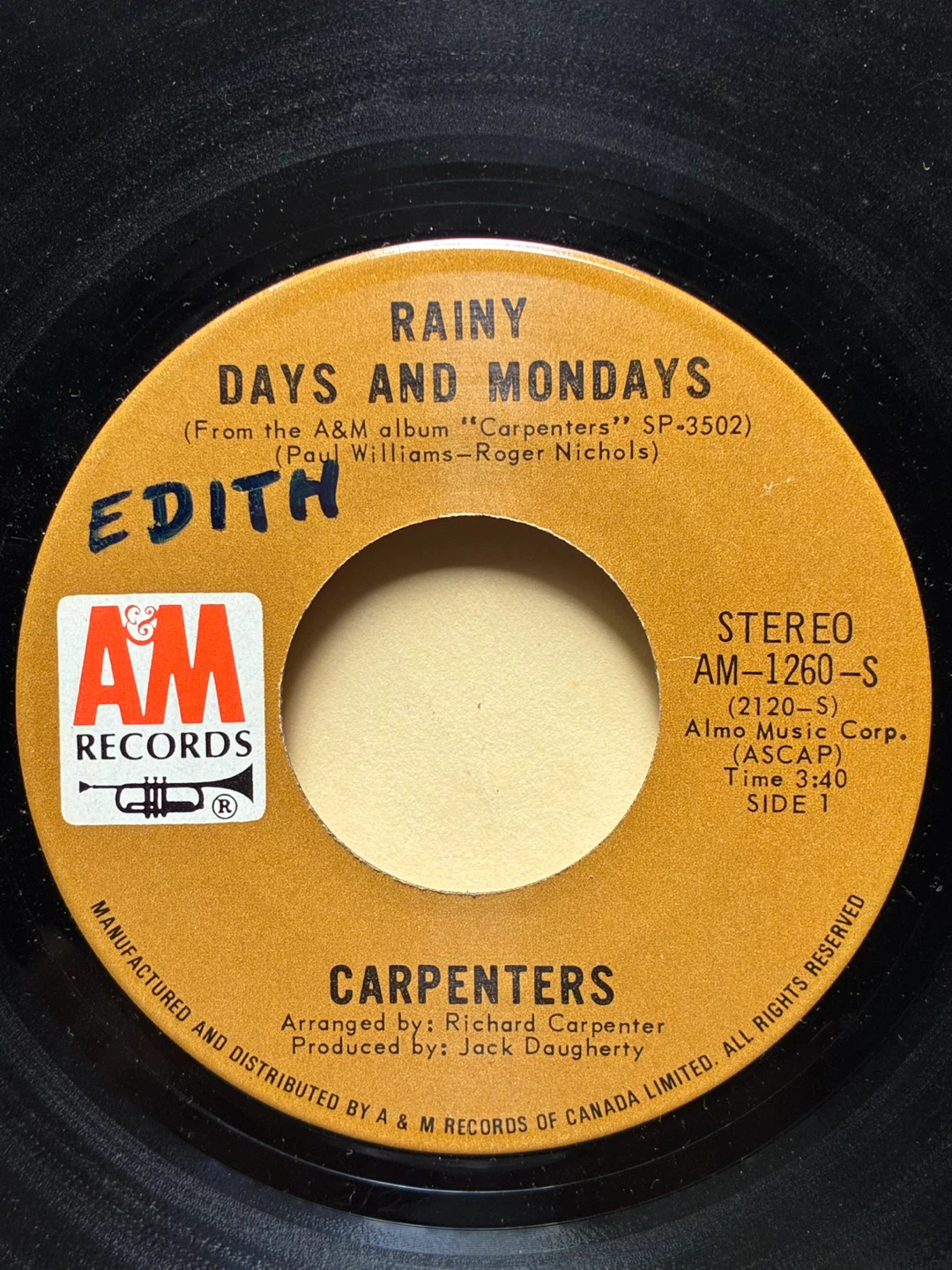 Carpenters Rainy Days Mondays  Saturday Vinyl 7"45 RPM record - photo 3