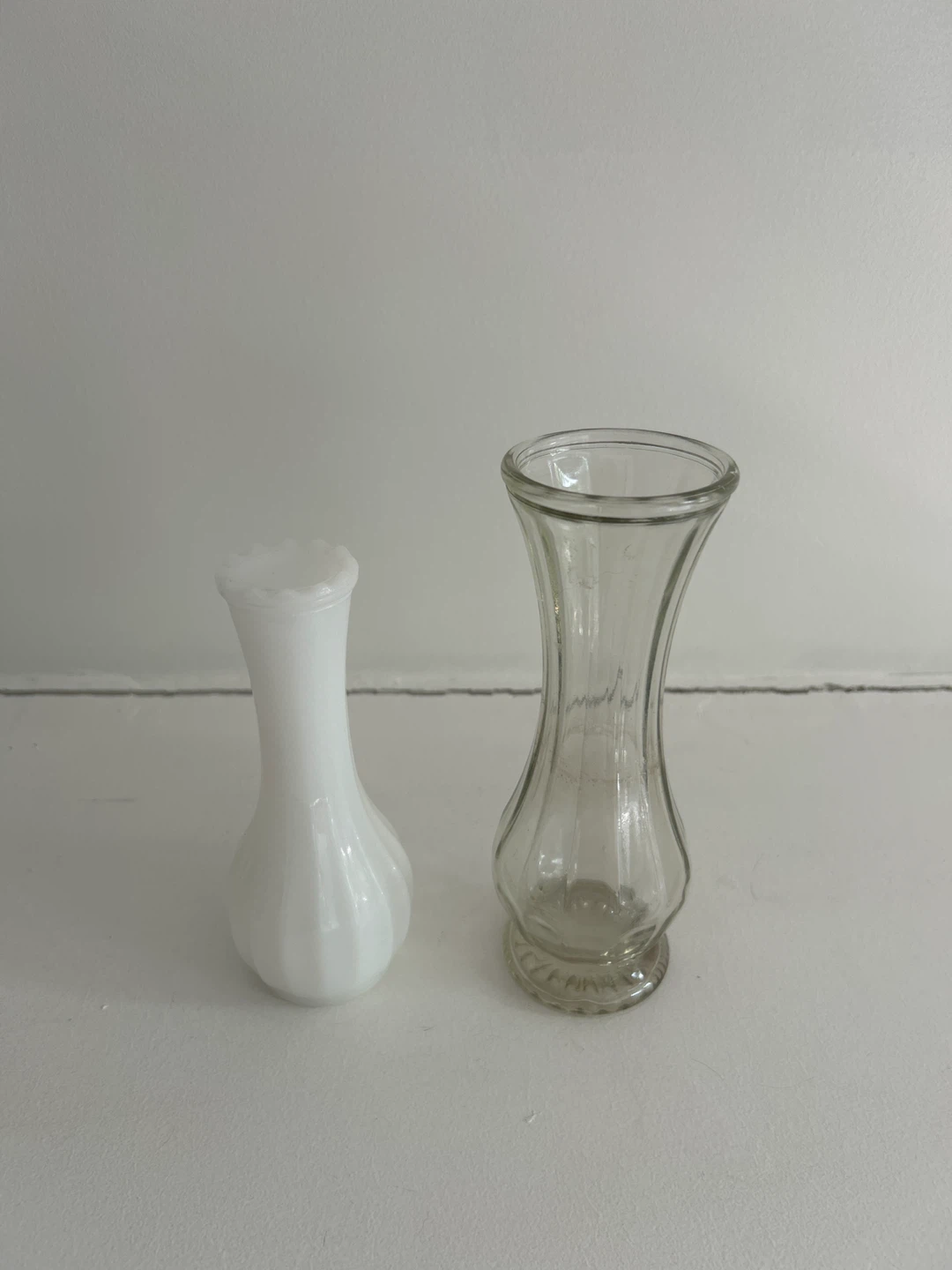 Two Small Vases: White Milk Glass & Clear Glass