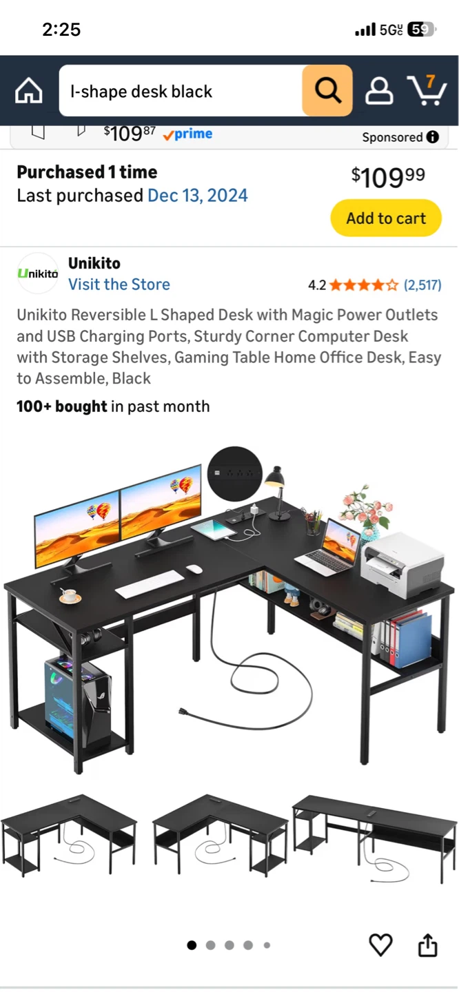 Unikito L-Shaped Desk with Power Outlets and USB Ports - Black