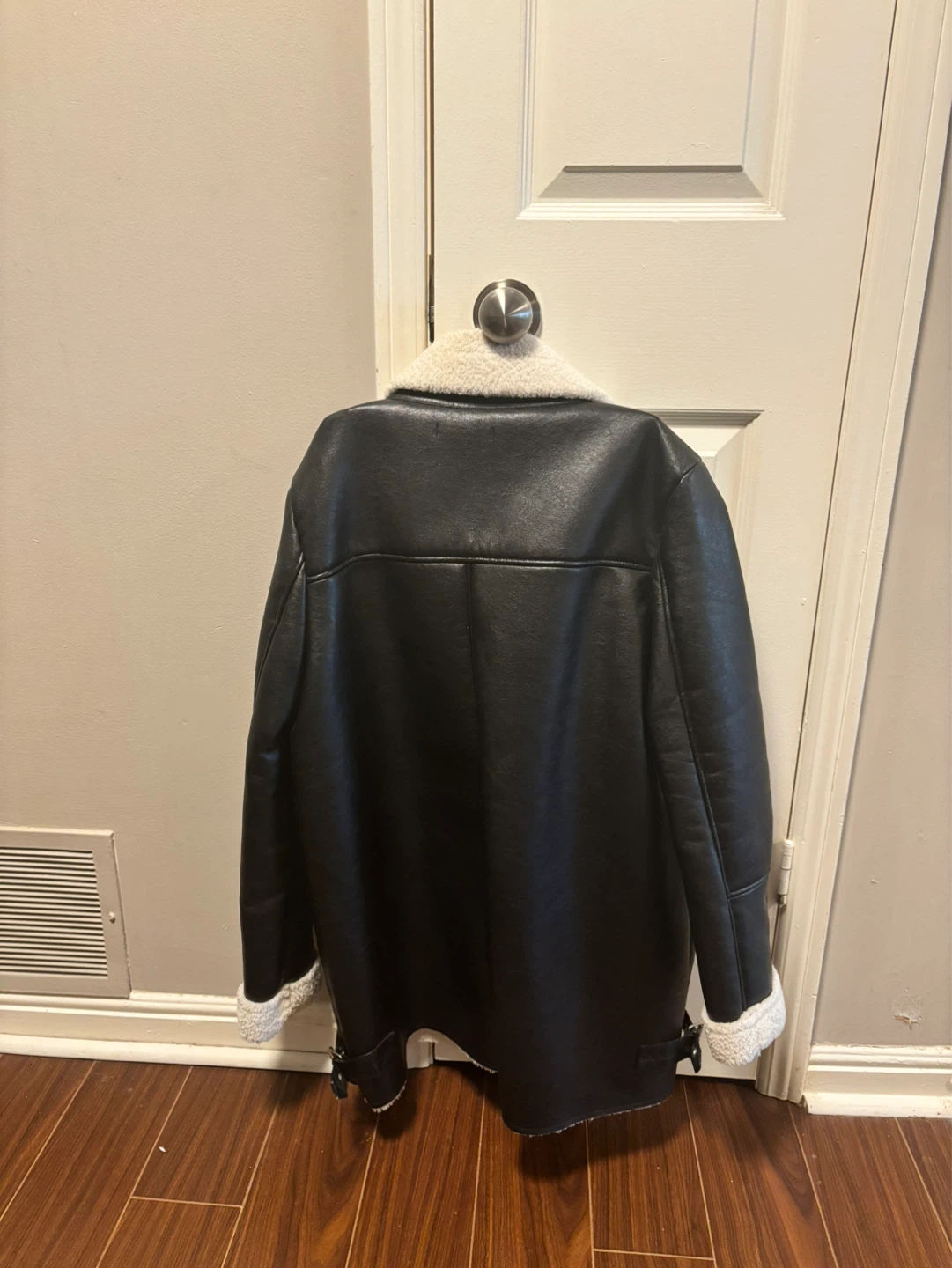 Black Faux Leather Aviator Jacket with Sherpa Lining - photo 2