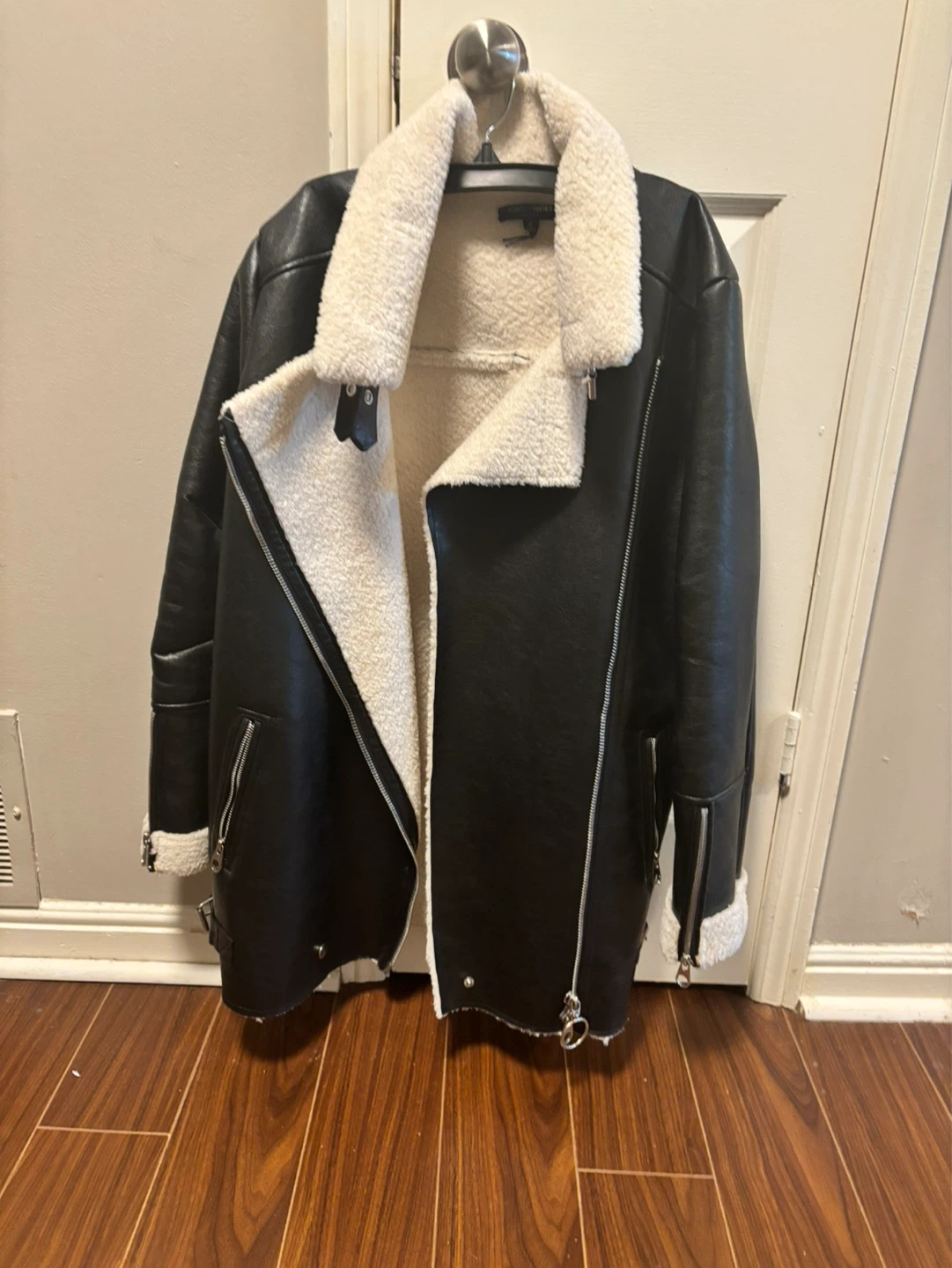Black Faux Leather Aviator Jacket with Sherpa Lining