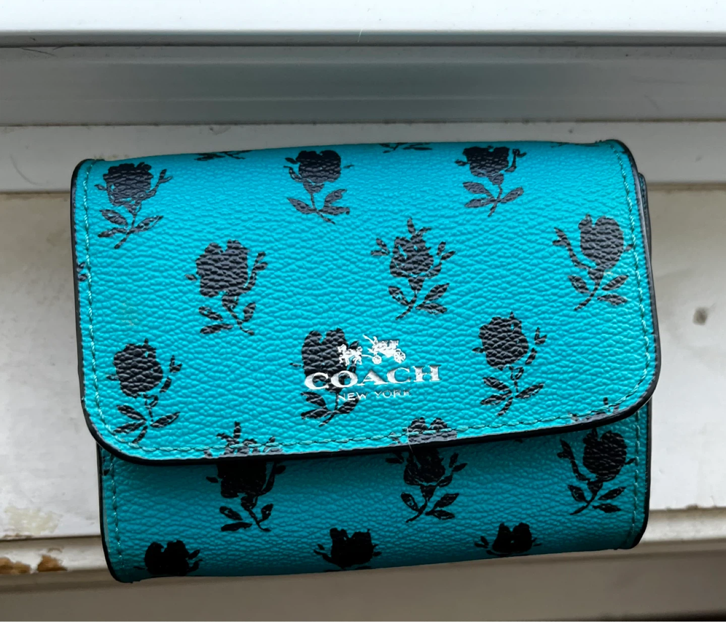 Coach Trifold Wallet - Teal Floral Print