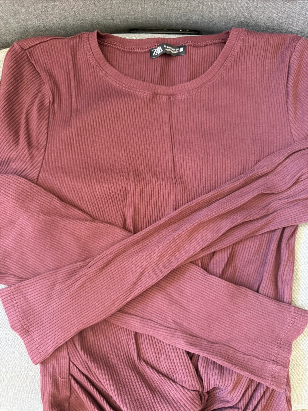 Zara Ribbed Long Sleeve Top - Burgundy - Size S