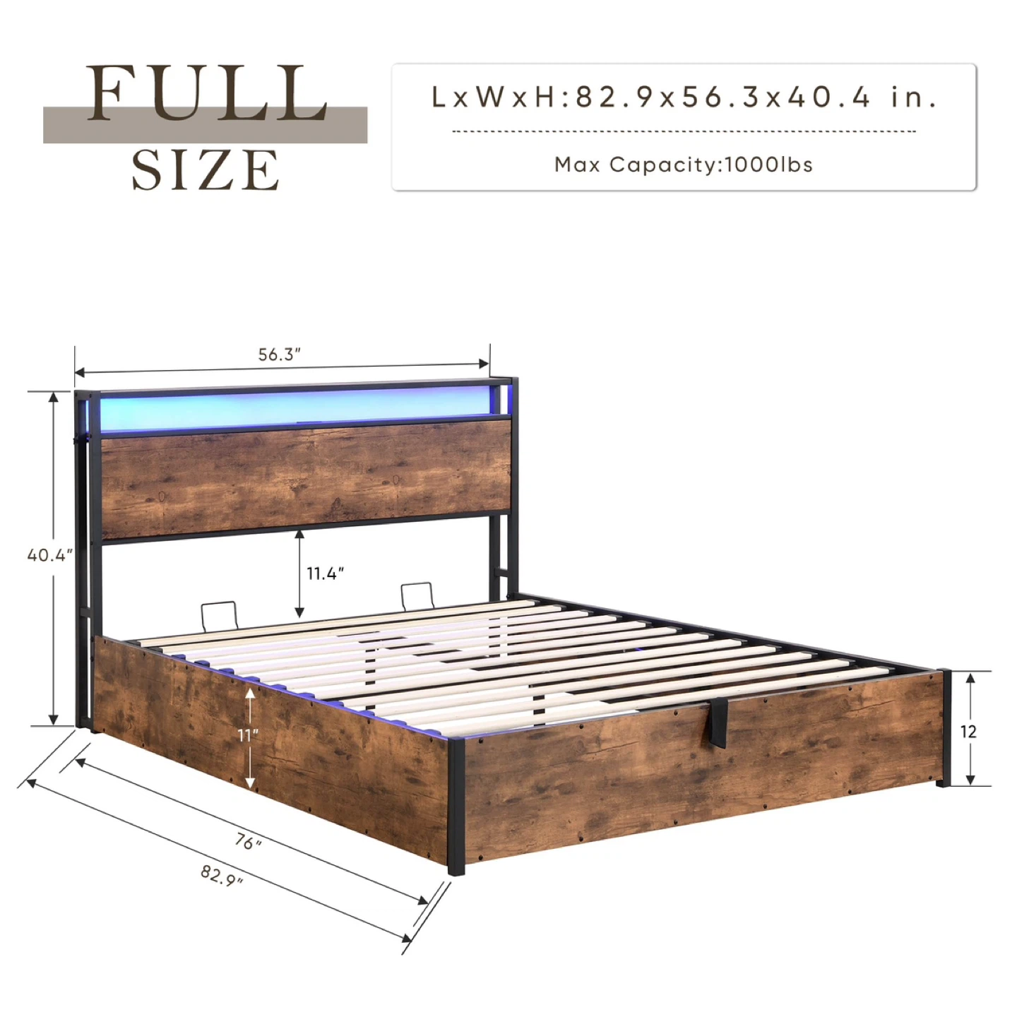 KEIKI Full Lift up Storage Bed Frame with Headboard & Charging