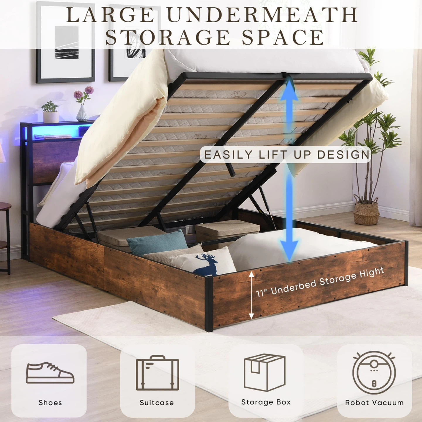KEIKI Full Lift up Storage Bed Frame with Headboard & Charging - photo 3