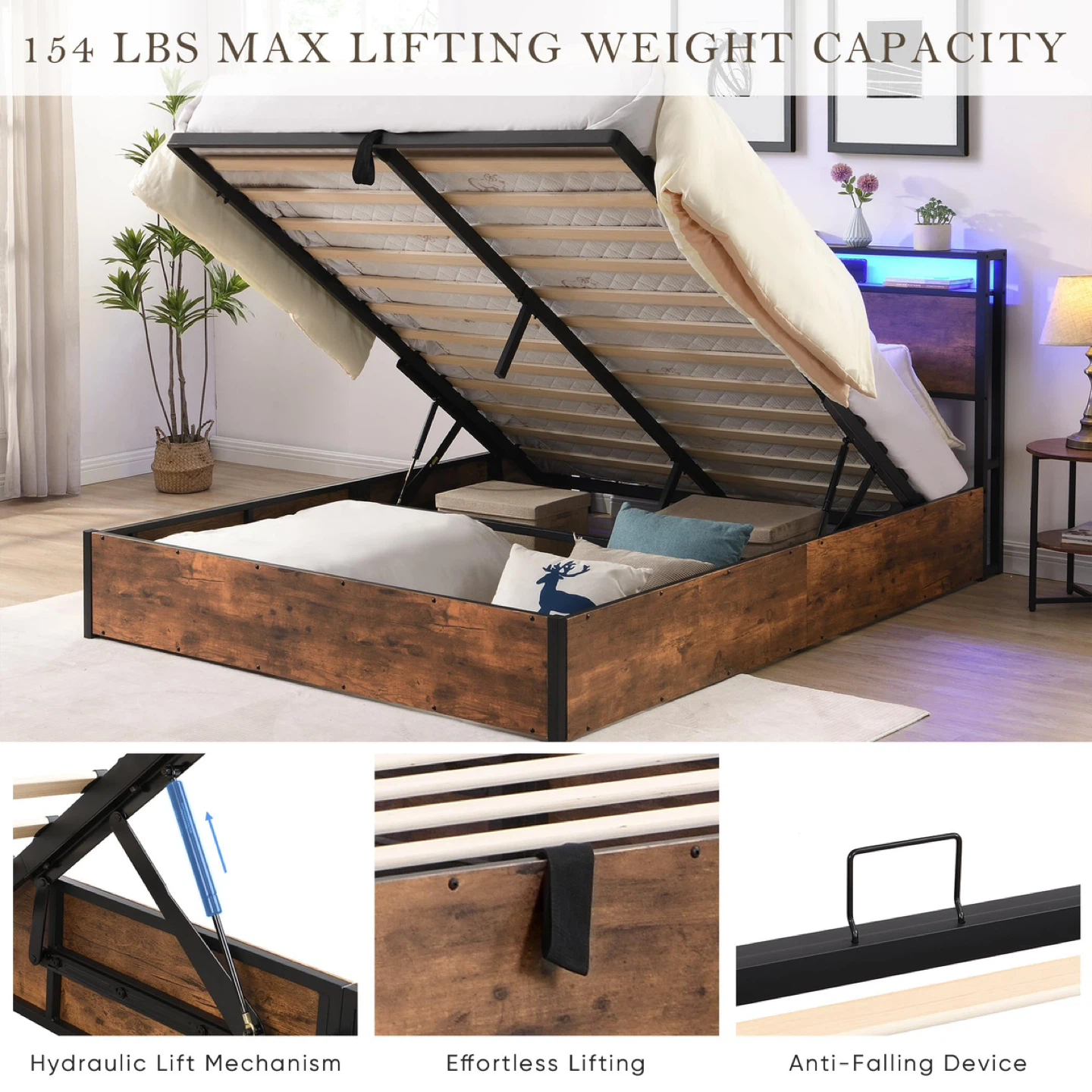 KEIKI Full Lift up Storage Bed Frame with Headboard & Charging - photo 4