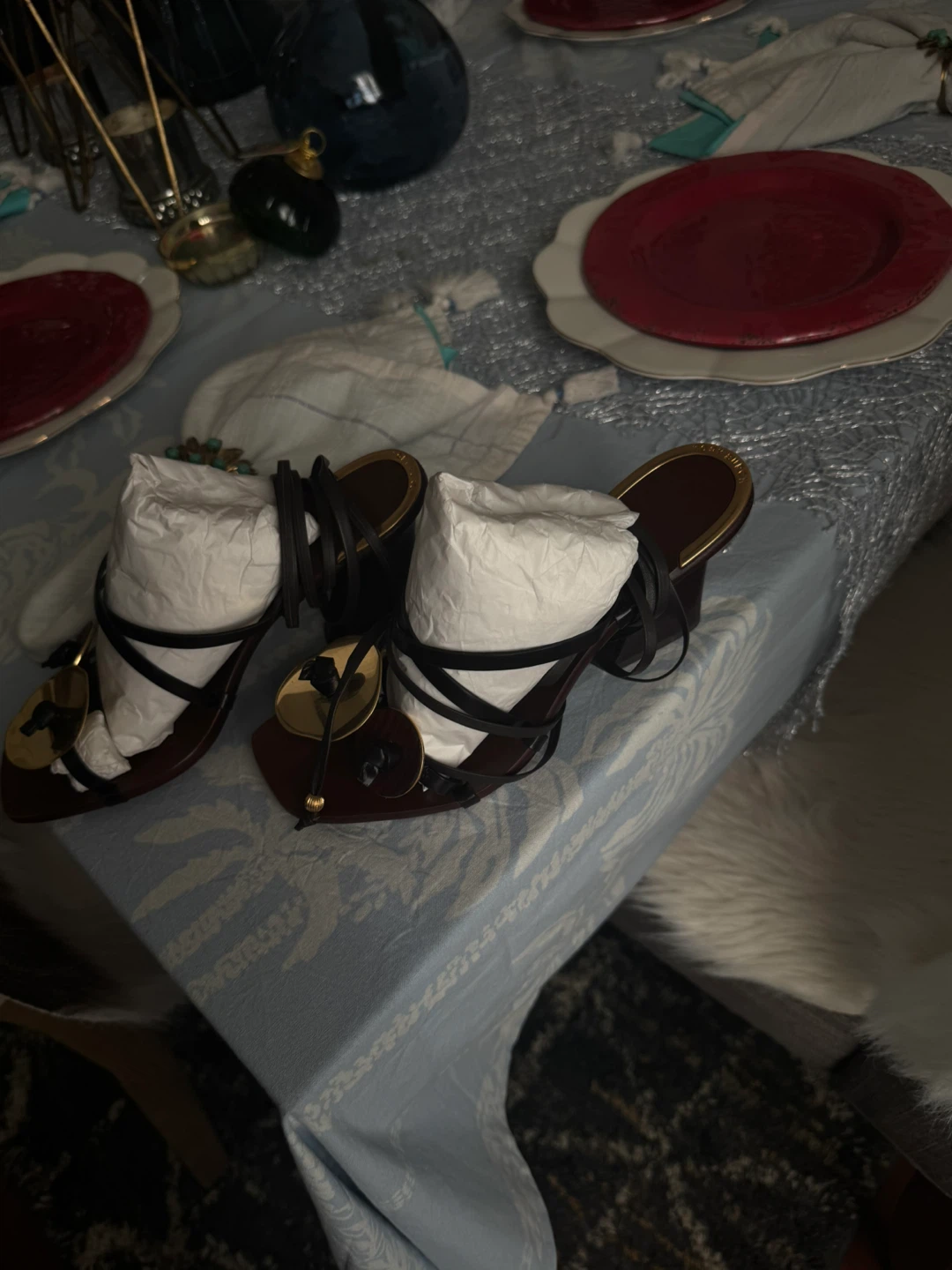 Brown Leather Strappy Heels with Gold Accents