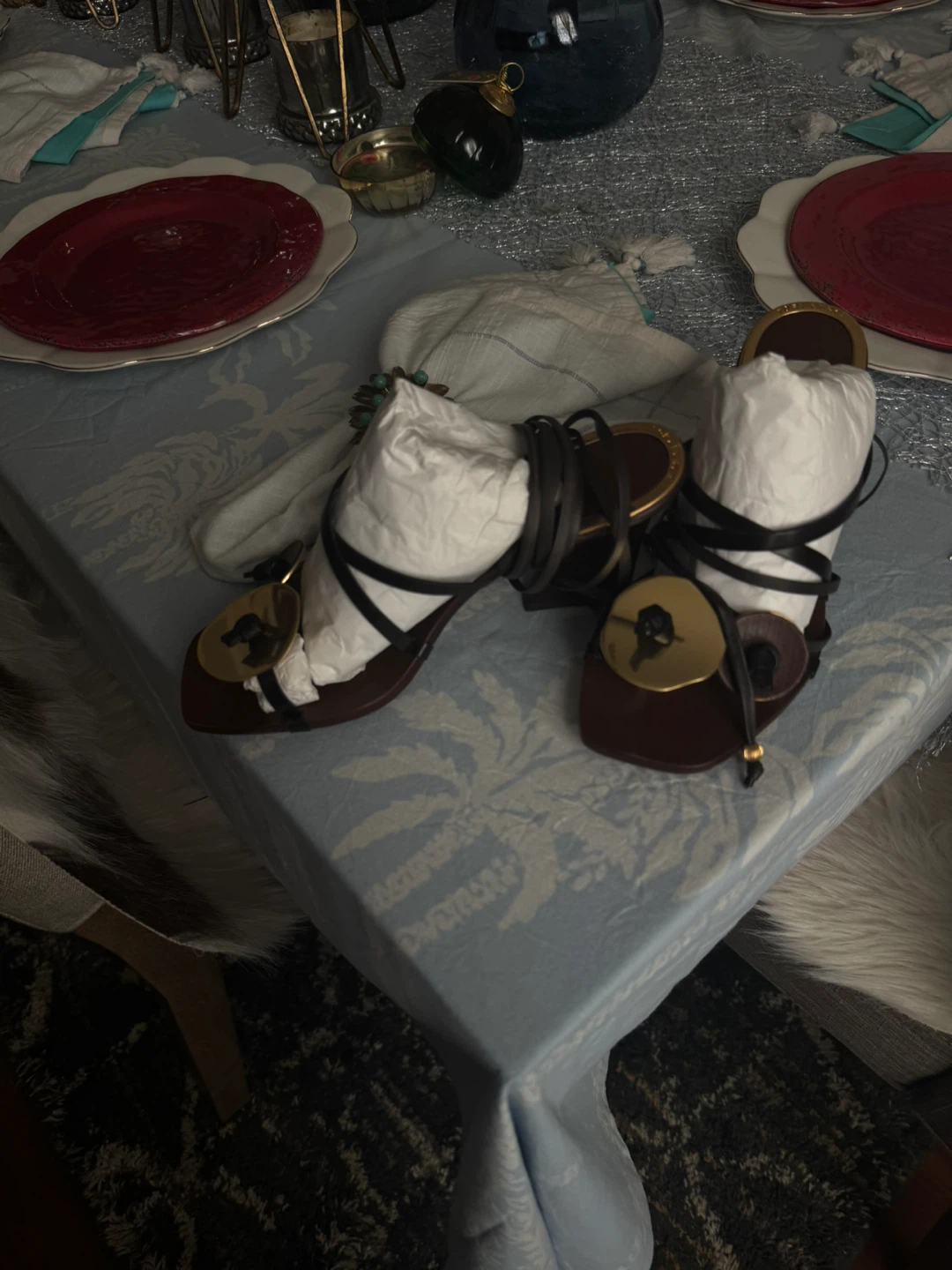 Brown Leather Strappy Heels with Gold Accents - photo 3