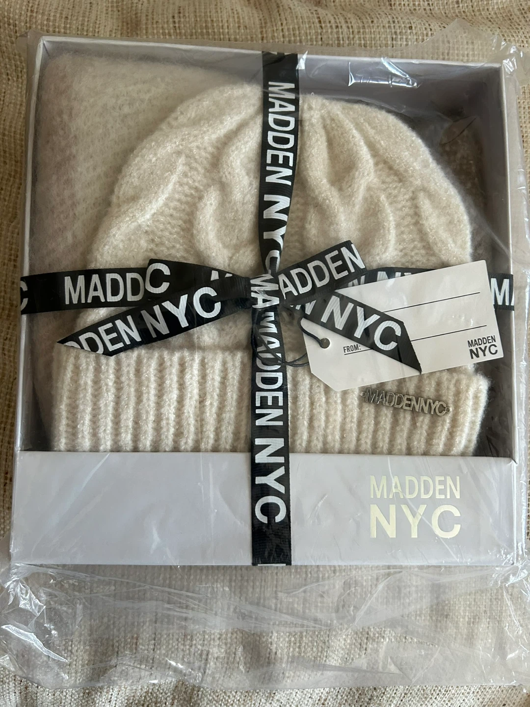 Steve Madden NYC Cream Knit Beanie and Scarf Set