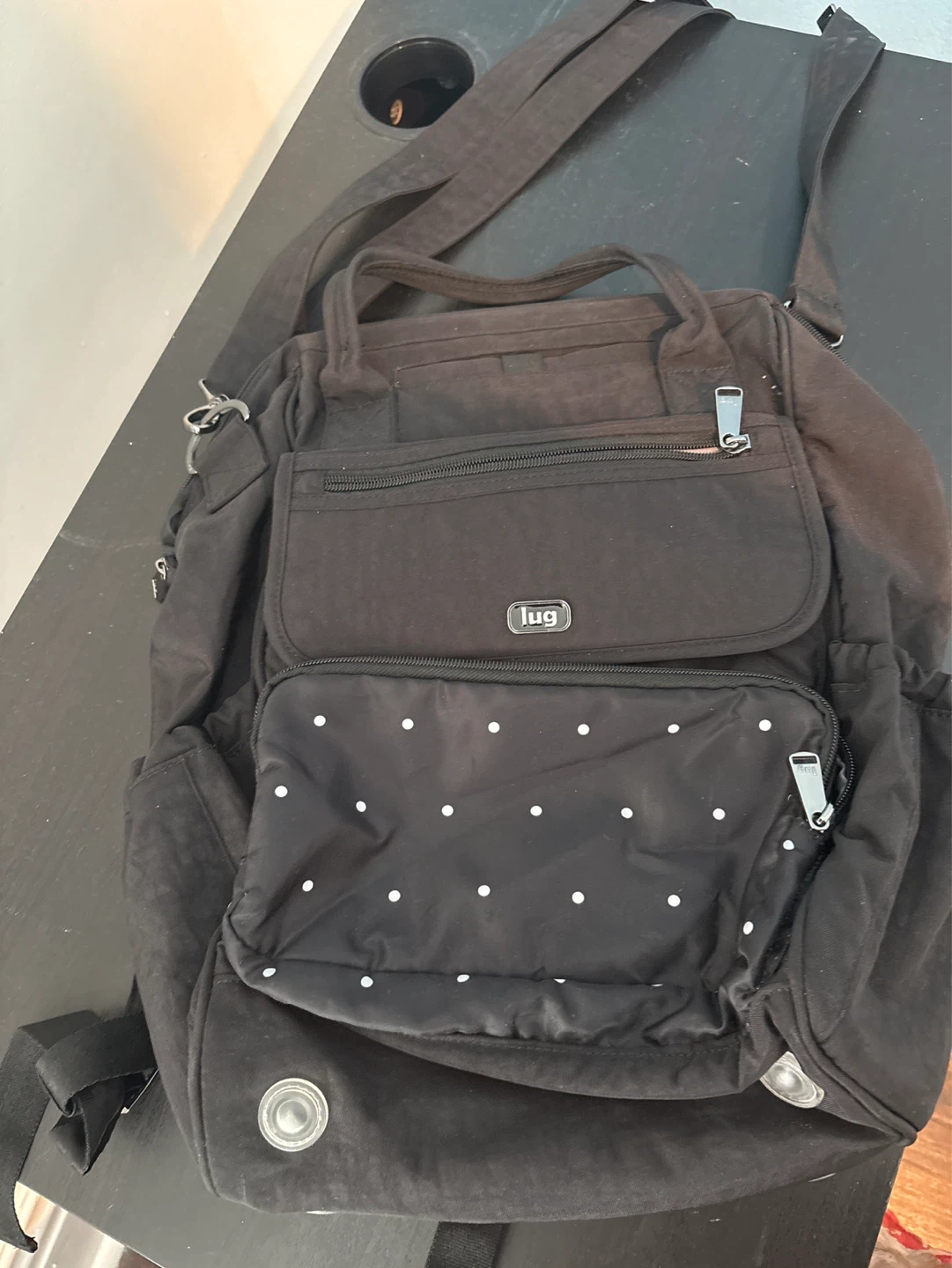 LUG Black Nylon Backpack with White Polka Dot Front Pocket