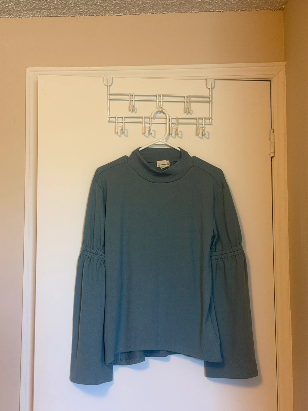 Teal Mock Neck Bell Sleeve Top