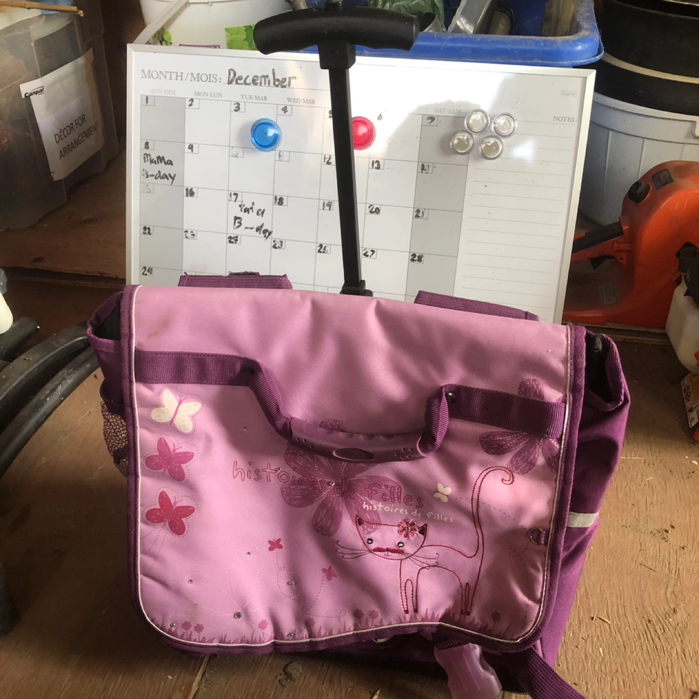 Purple Rolling Backpack with Cat and Butterfly Design